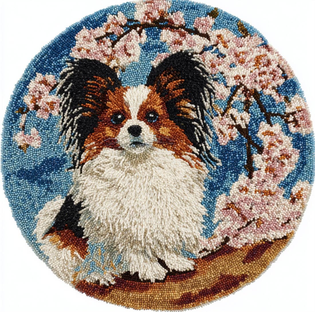 Rqwybcaxn DIY Latch Hook Rug Kit for Teens Animal Embroidery Kit Papillon and Flowering Tree 80x80cm Round Tapestry with Crochet Hook Study Craft Gift
