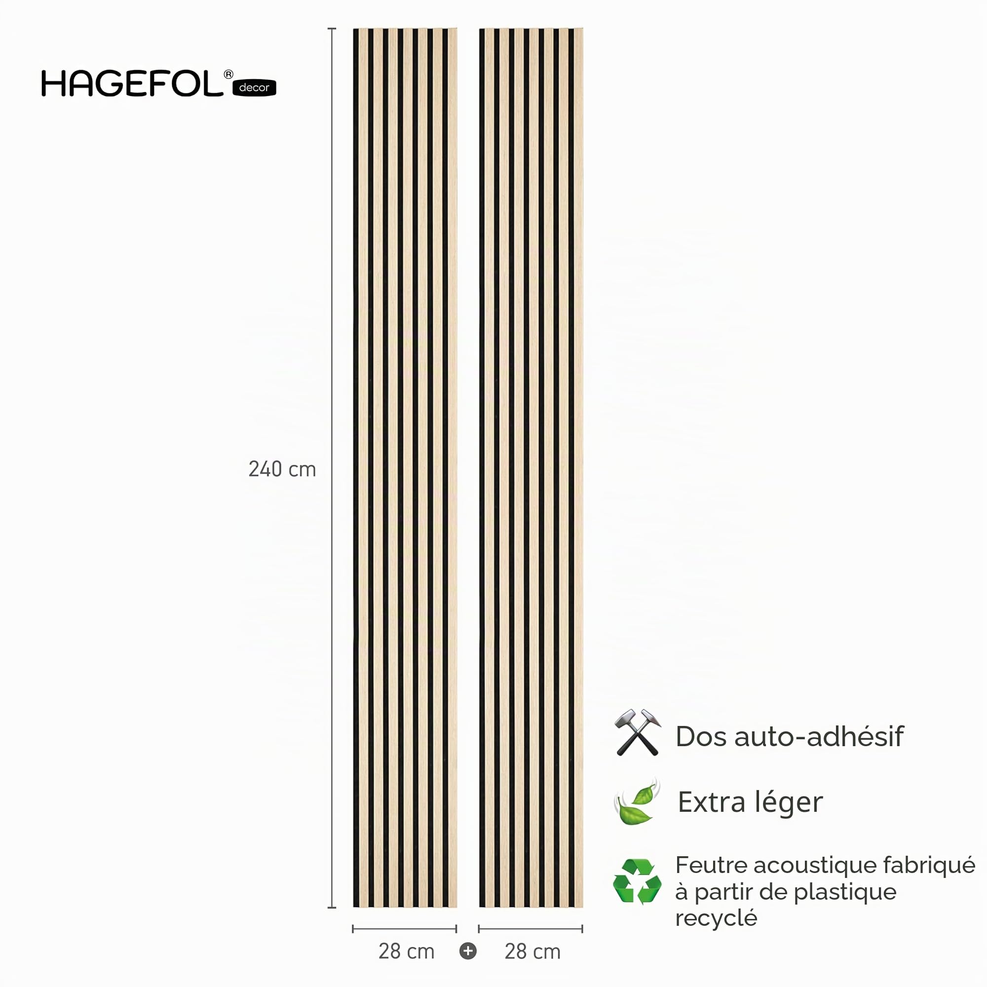 HAGEFOL® Panneaux Acoustiques Auto-adhésifs Lite 240x56 cm – Lot de 2 Panneaux Muraux Effet Bois – Isolation Phonique Murale en Feutre PET Recyclé – Installation Sans Perçage (Chêne)