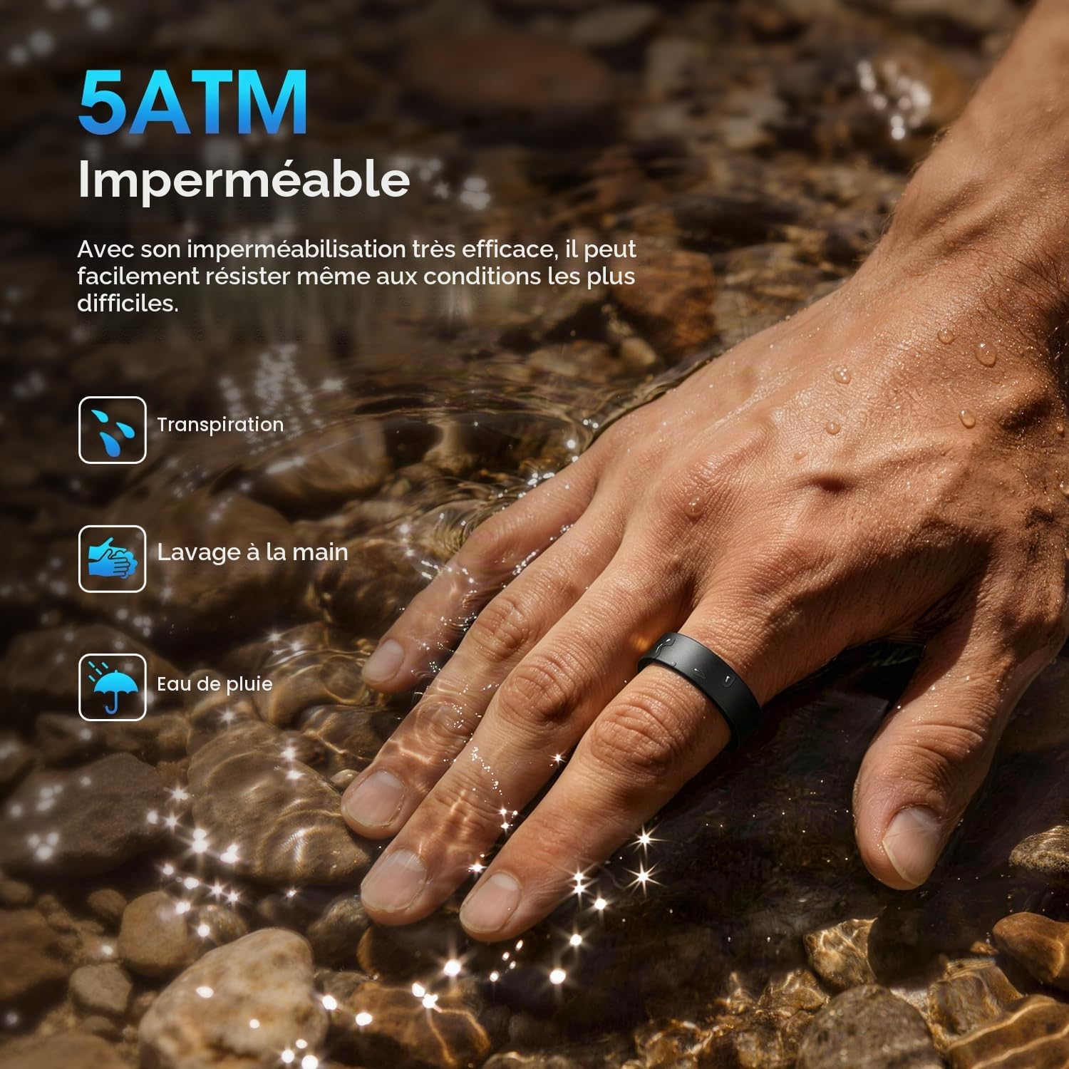 NAIXUES Bague Connectée Homme Femme, Smart Ring avec Commande Gestuelle, Fréquence Cardiaque, SpO2, Sommeil, 170+ Modes Sportifs, Smartwatch 5ATM Podomètre pour Android iOS, Taille 9, Noir
