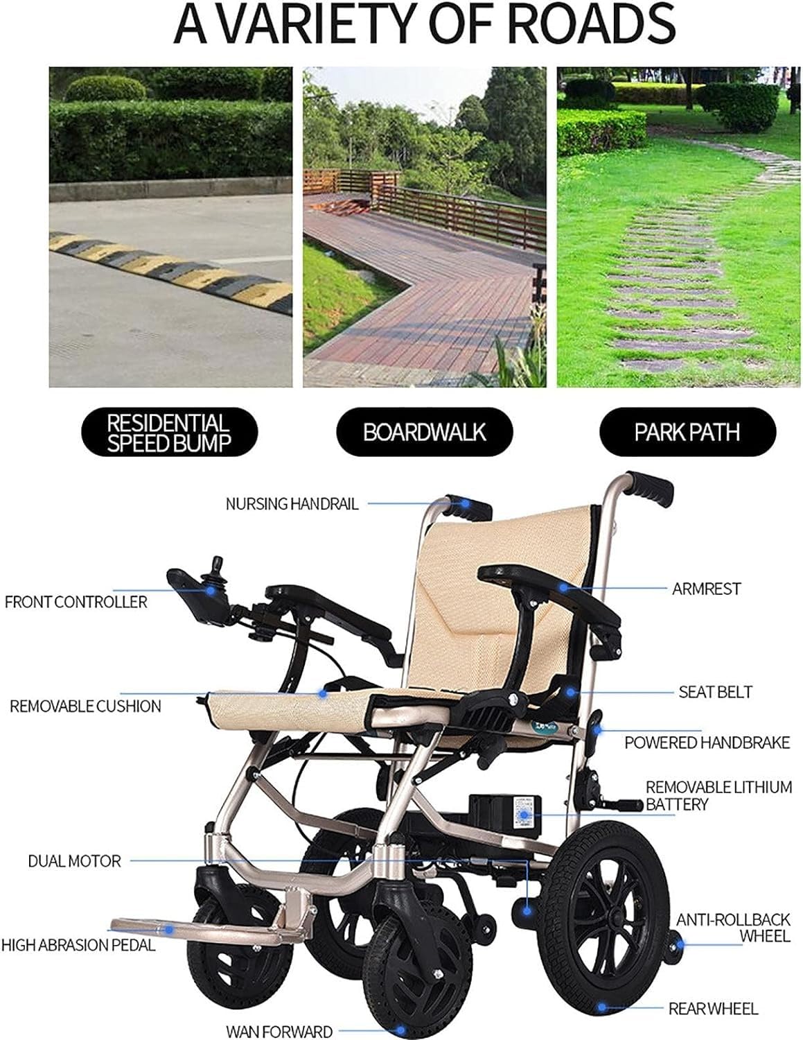 Silla de ruedas eléctrica: diseño ligero plegable, sistema de control doble, rango de batería de 12 millas para personas mayores y discapacitadas