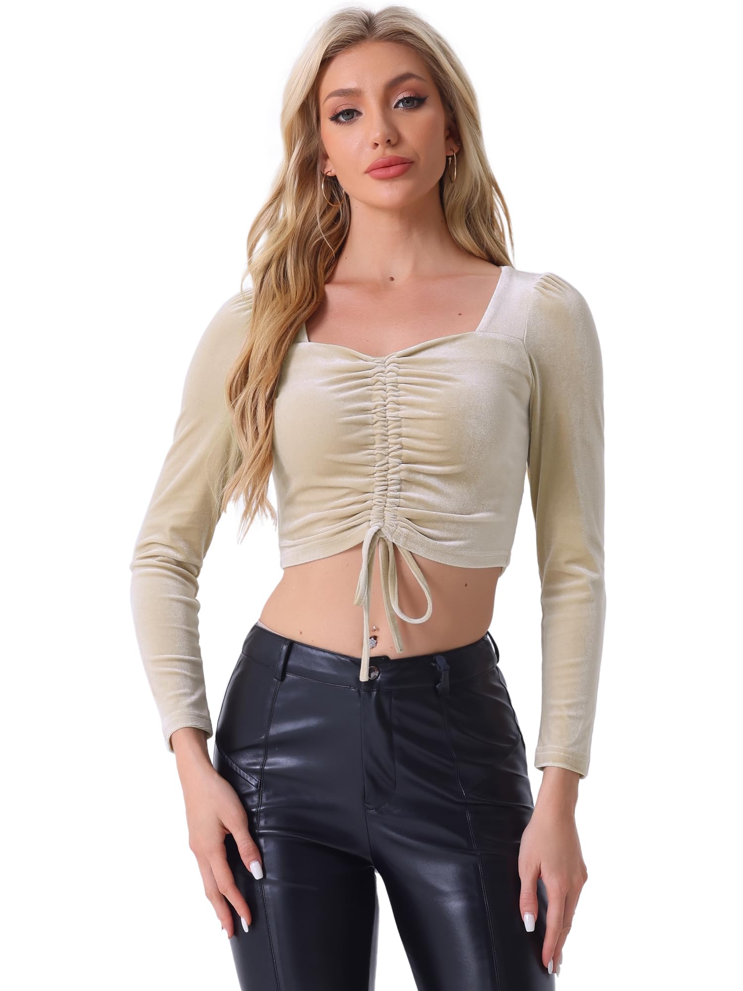 Allegra K Women Velvet Halloween Ruched Drawstring Front Crop Top Apricot