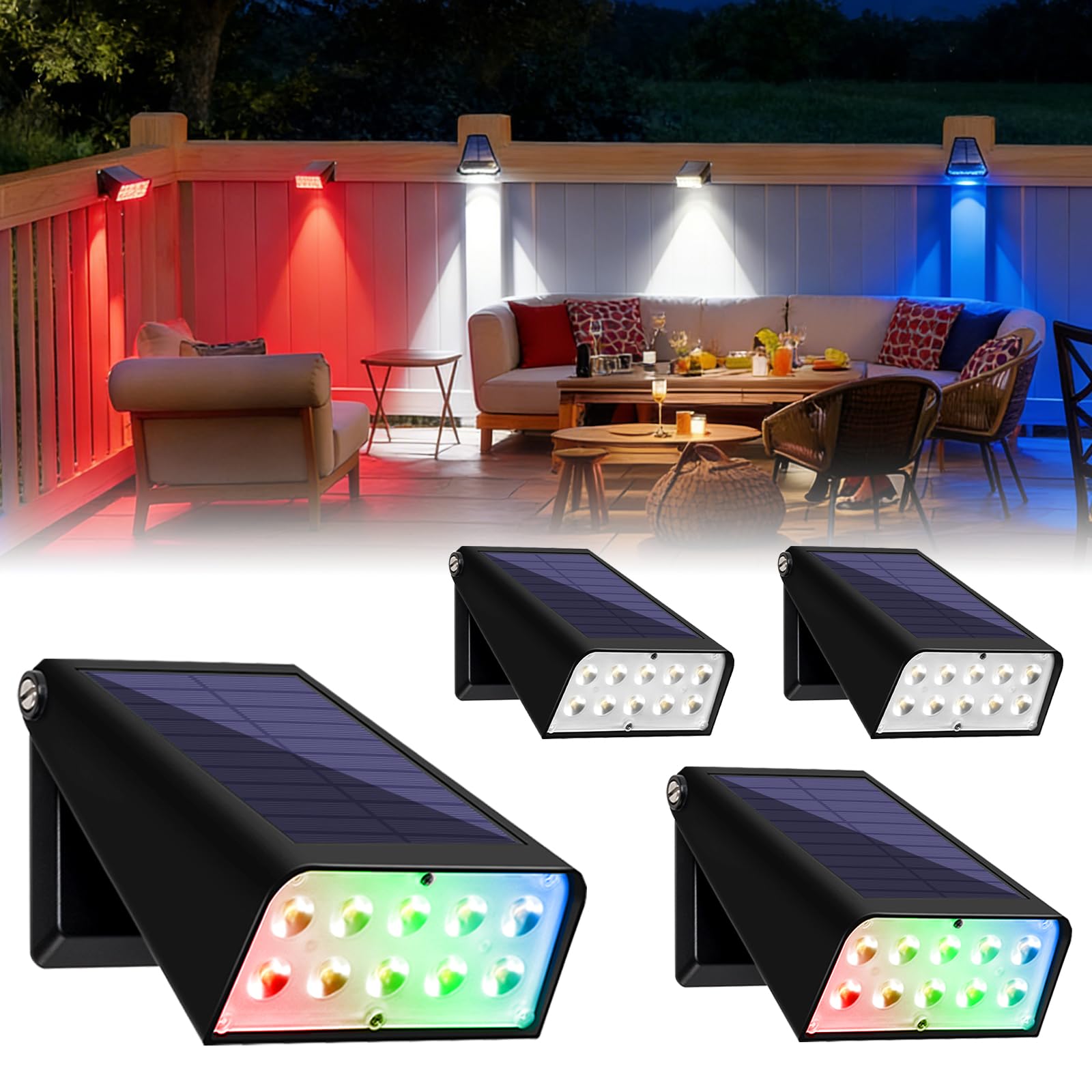 4th of July Patriotic Solar Fence Lights, Ideal Father's Day Mother's Day Decor Lights, IP65 Waterproof, Up to 20 Hours Runtime Dusk to Dawn Solar Deck Lights for Patio Yard Garden, 4Pack