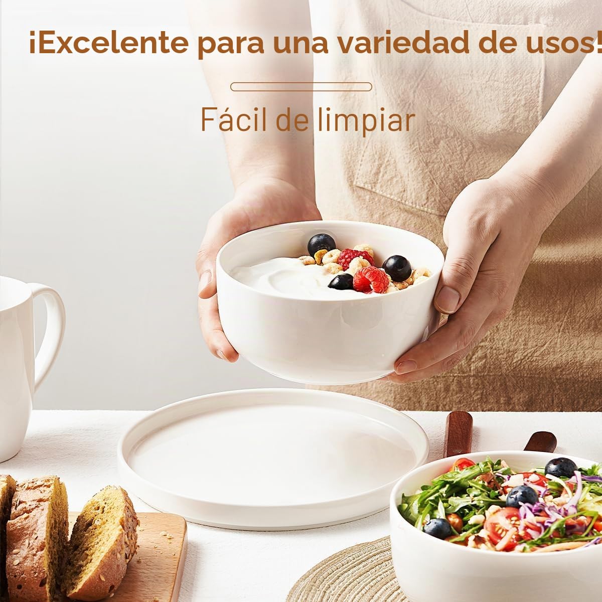 Jassceram Juego de 6 cuencos grandes de cerámica de 800 ml para sopa, avena, tazon cereales, ensalada, pasta, lavavajillas, microondas y horno, 6 pulgadas, color blanco