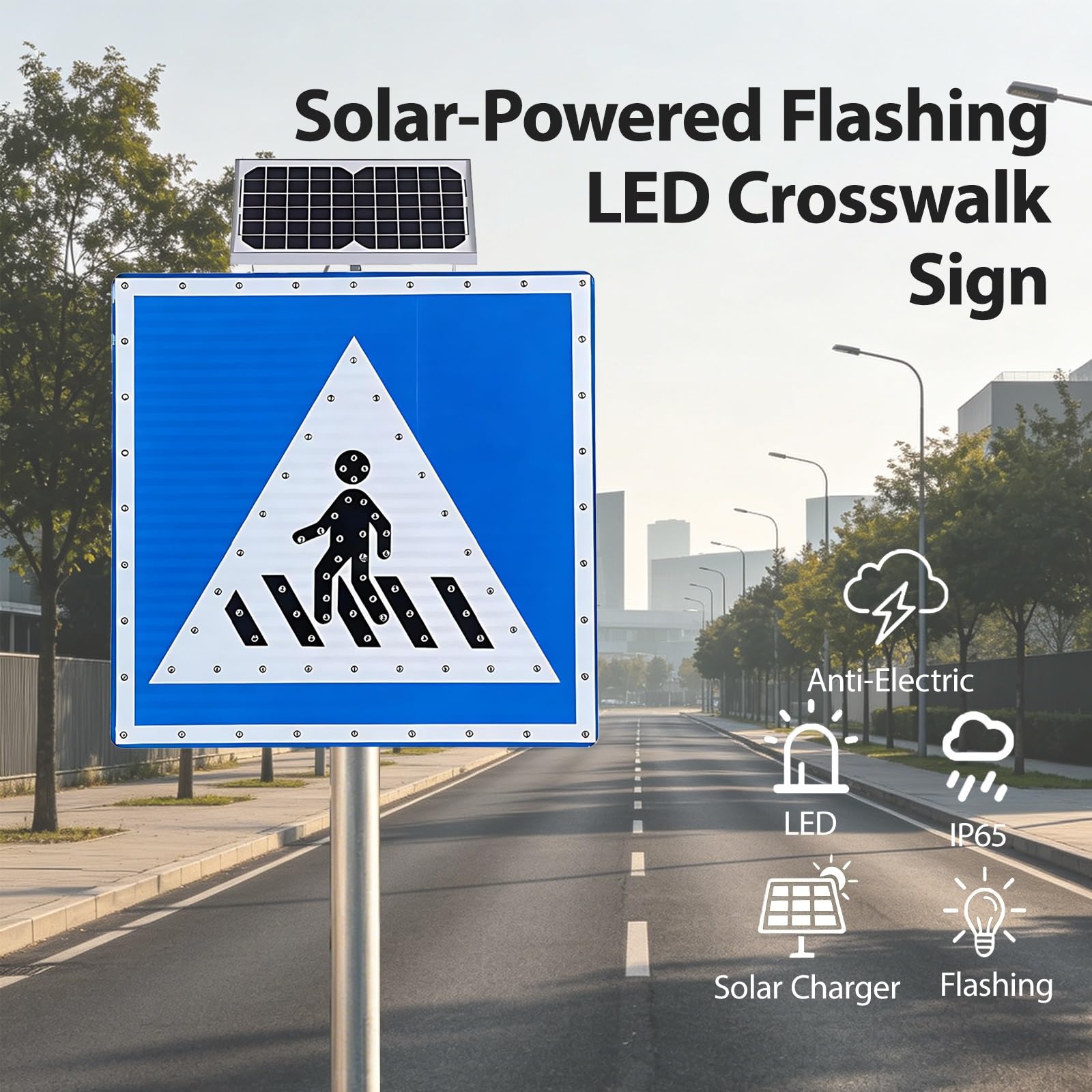 Señales Solares de Tráfico para Peatones, Señal de Cruce de Peatones LED, Visible 500 m, IP65 Resistente Agua, Estructura de Aluminio, para Pueblos y Zonas Suburbanas(24")