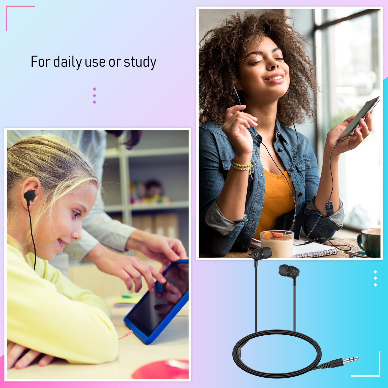 Confezione da 250 auricolari per bambini, con filo auricolare, per scuole, aule, biblioteche, bambini, studenti, regalo (nero)