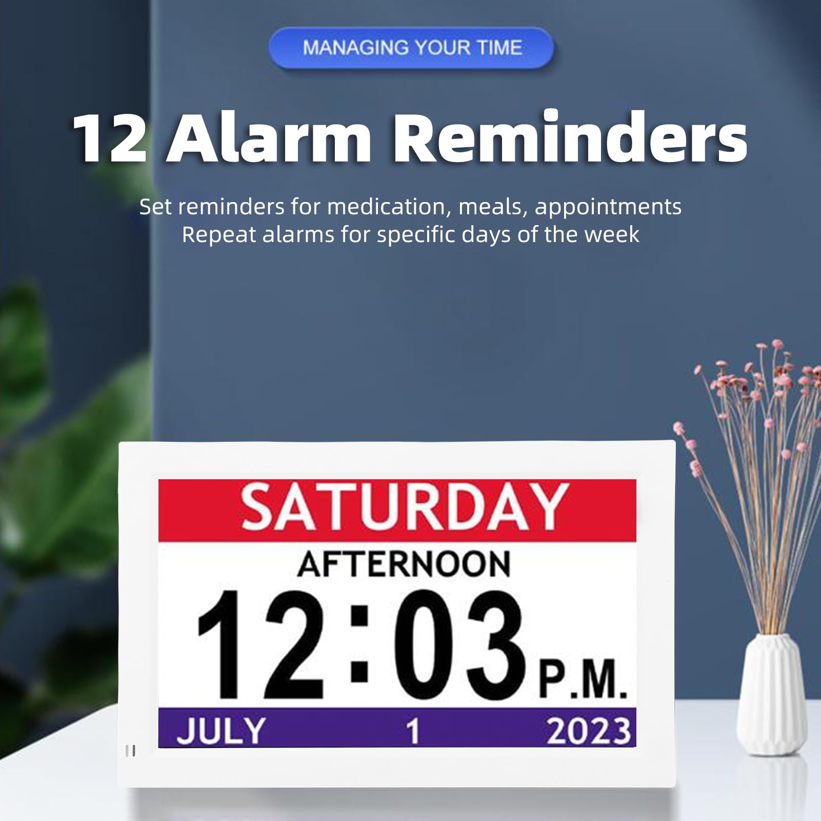 Gran Exhibición de 7 Pulgadas Reloj Digital con Fecha, Día y 12 Alarmas Personalizadas - Reloj de Calendario de Atenuación Automática para Personas Mayores, Demencia, Sala de