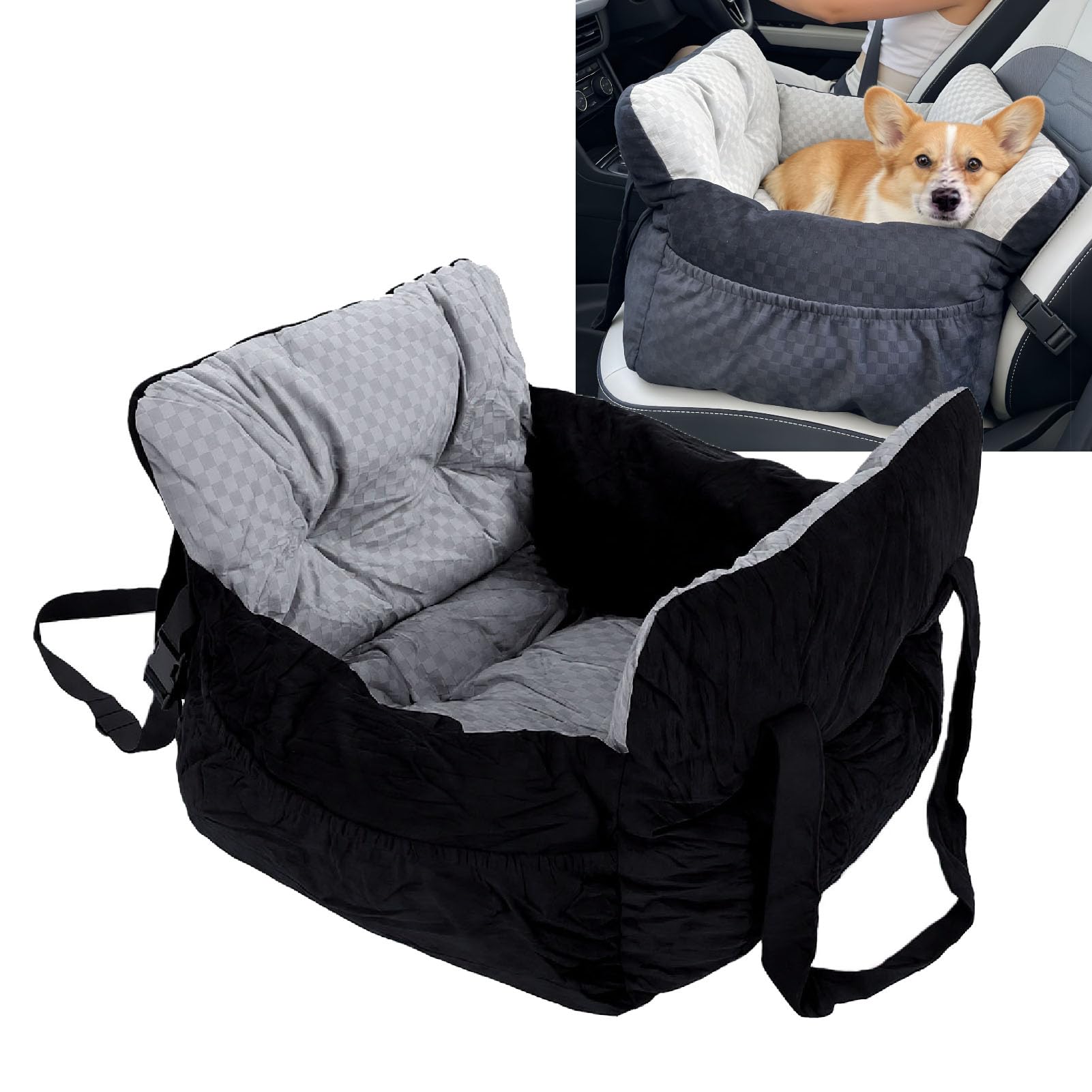 Asiento Elevado para Coche para Perros, Cama de Viaje Suave y Transpirable para Mascotas de 15,7 X 17,7 X 12,6 Pulgadas con Cinturón de Seguridad y Asas, Portátil para Perros Pequeños