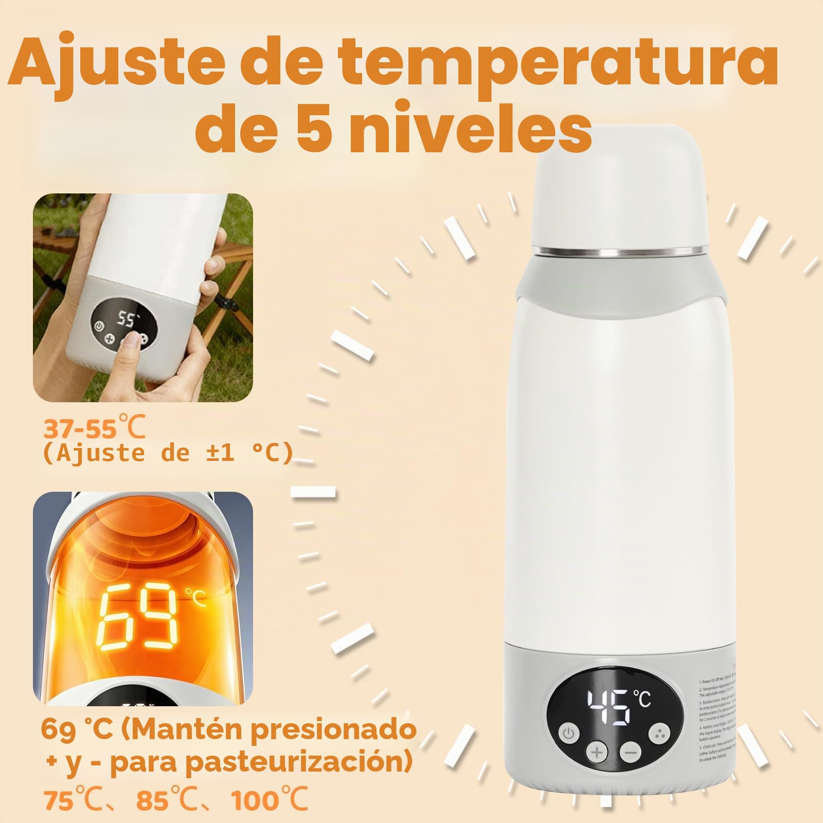 Calienta Biberones Portátil Sin Cables - Batería 12000mAh y 500ml - Calentador de Biberones Rápido (2 min) para Leche Materna y Agua - Termo Bebé Líquido con Bloqueo Seguridad - Calentador de Viaje