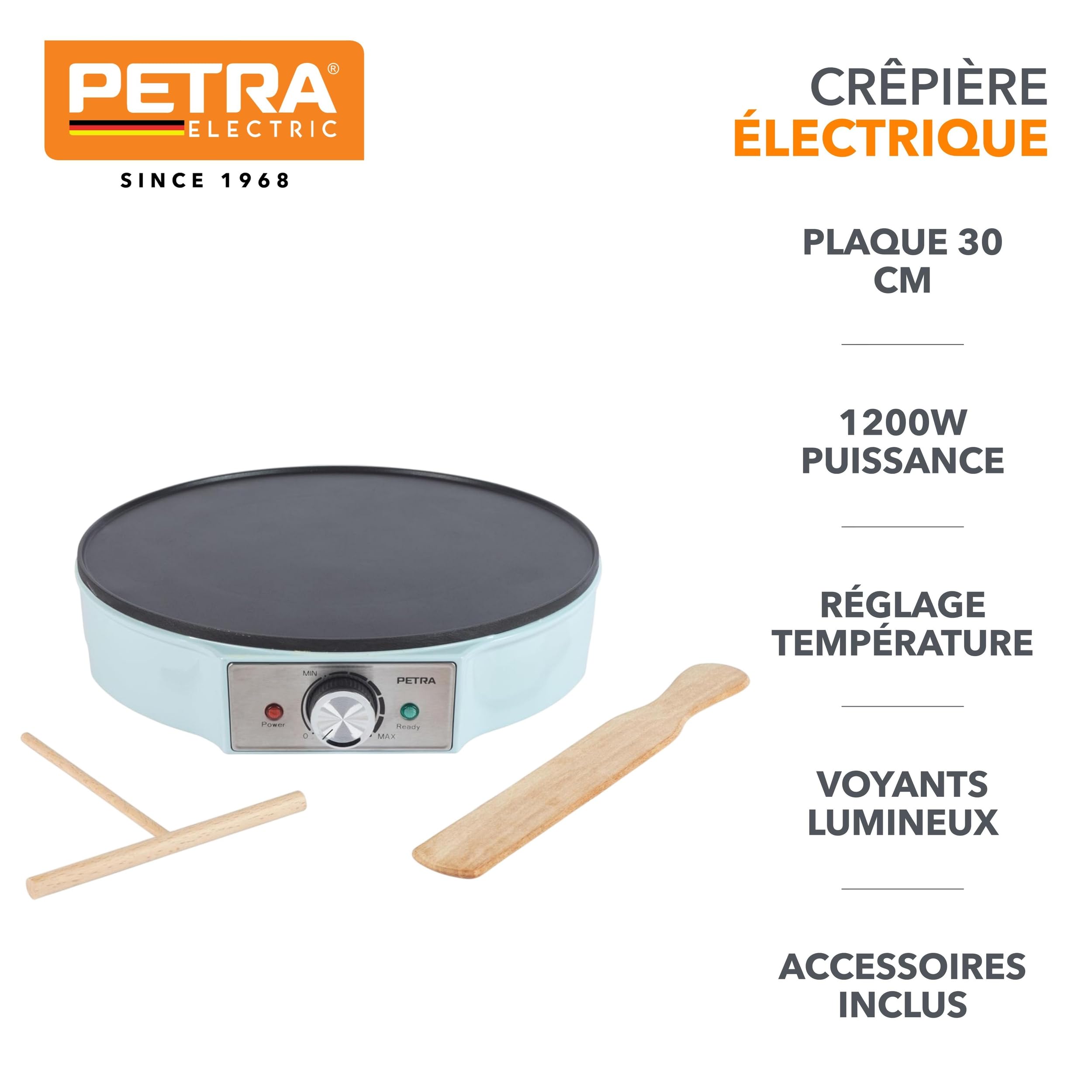 Petra Crêpière Électrique 1200W, Machine à Crêpes avec Plaque Antiadhésive 30cm, Grande Plaque Chauffante avec Température Réglable, Accessoires en Bois Inclus, Garantie 3 Ans