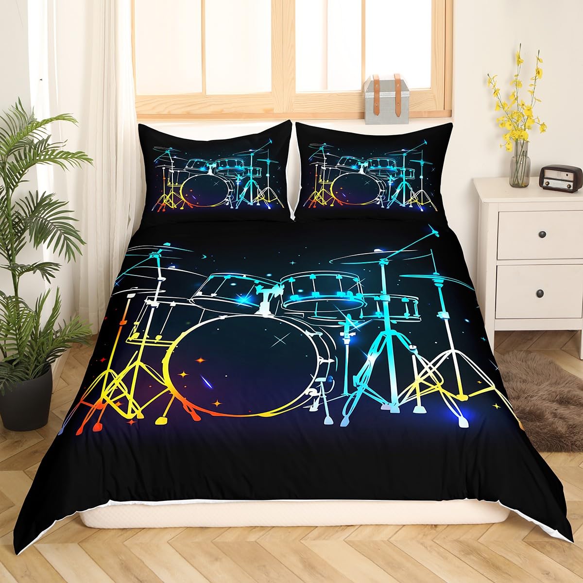 Castle Fairy Drum Kit Bedding Set,Musical Instruments Comforter Cover Set for Teens Women Room Decor,Rock Music Duvet Cover Breathable Neon Lighting Bedspread Cover Full Size(No Comforter)