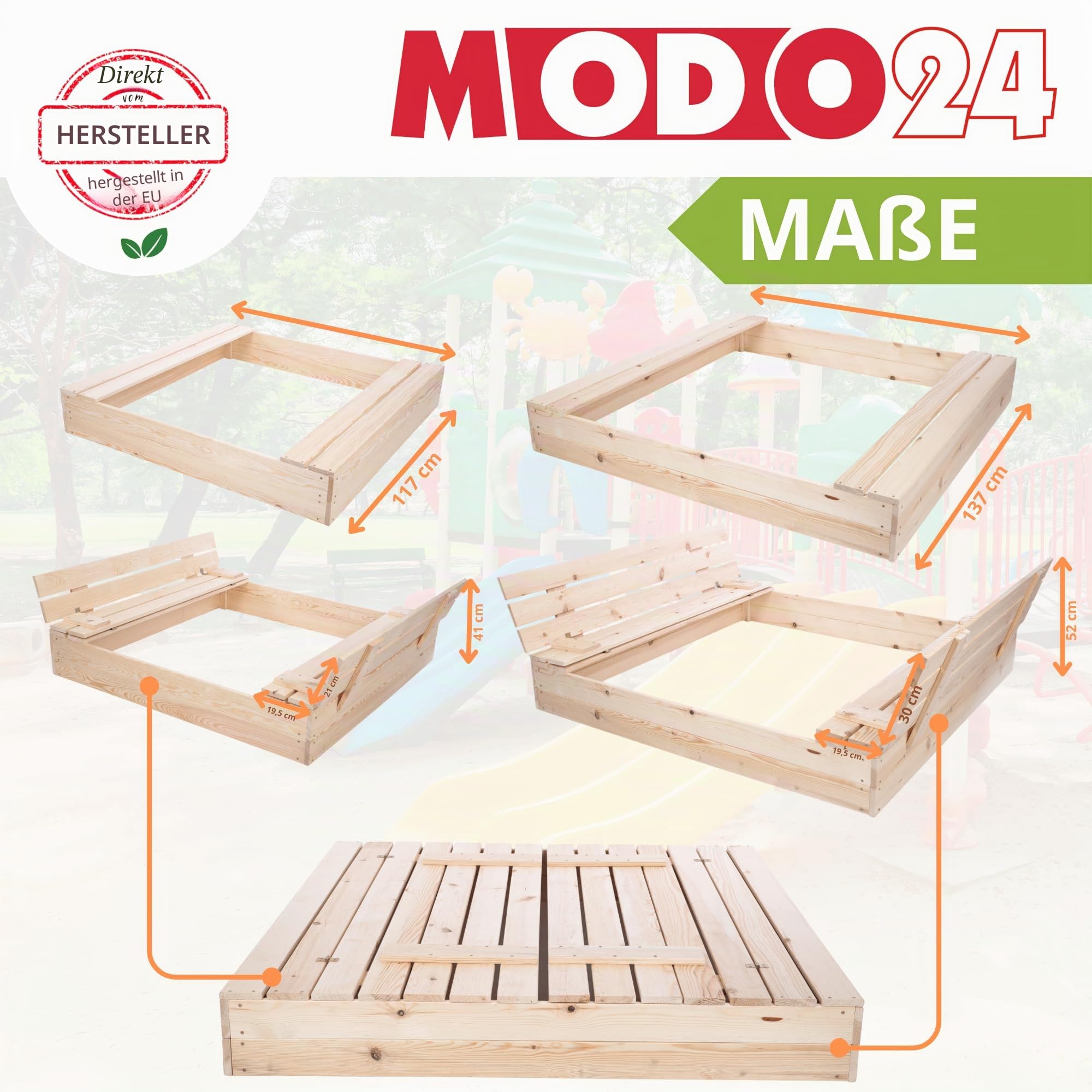 Sandkasten mit Deckel, Sitzbänken und Schutzplane, Holzsandkasten, Gartenspielzeug für Kinder, Sandkasten für Garten, Outdoor Sandkasten, Abmessungen 140x137 cm, Farbe: Grau (imprägniert)