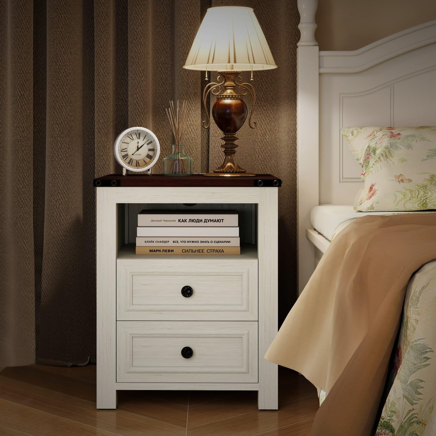 Vipbear 18" White Nightstand with Charging Station Farmhouse End Table with Two Drawers Wood Night Stand Modern Bedside End Table with Open Shelf Storage Space for Bedroom,Closet