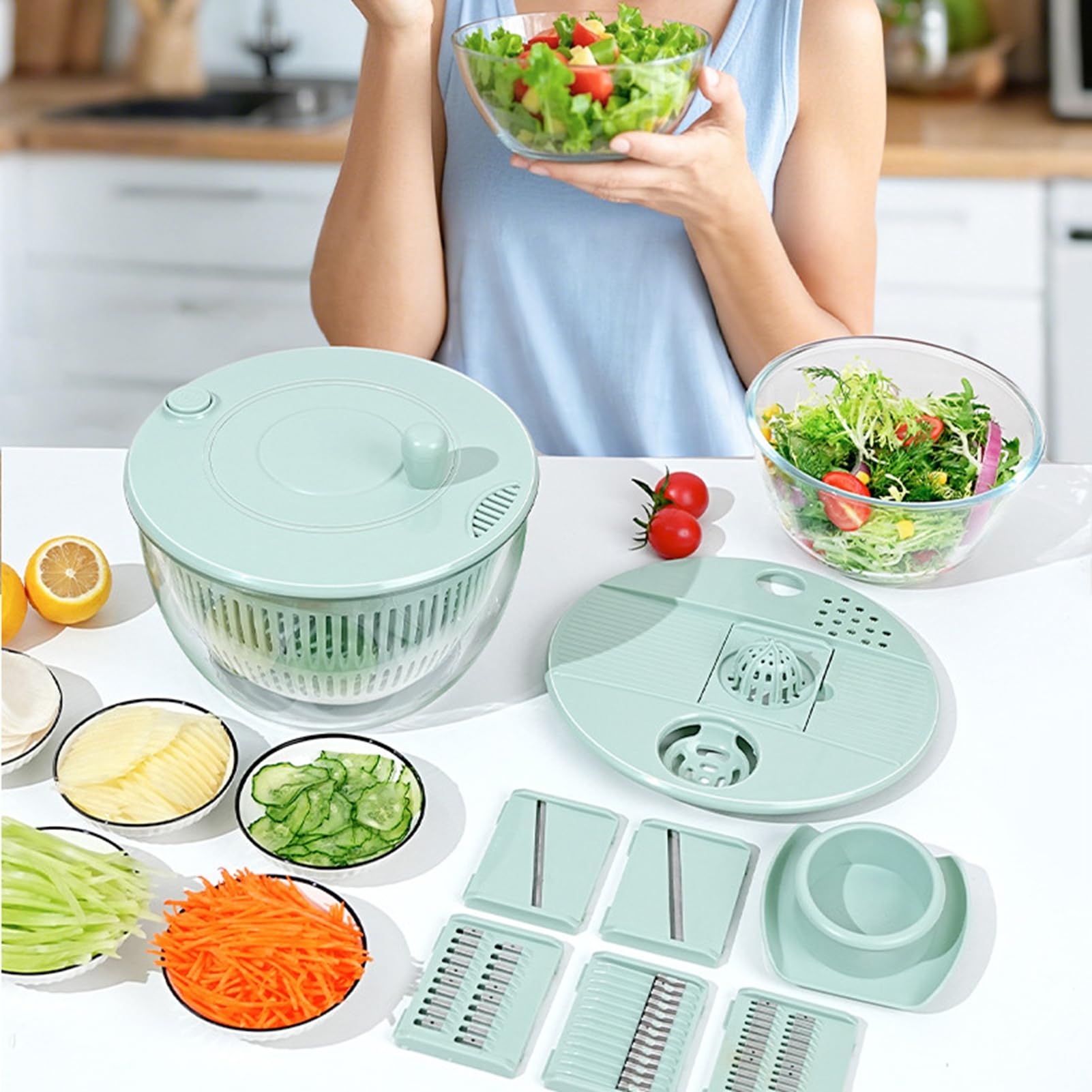 Ausla Ensaladera Giratoria, Secadora de Lechuga y Lavadora de Verduras de Acero Inoxidable ABS PP, Tazón de Preparación de Ensalada Manual de 5.3 Cuartos con 5 Cuchillas para Rebanar, Secar y Usar