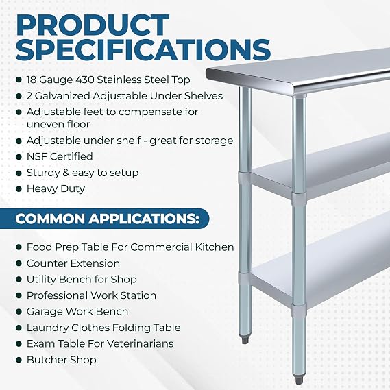 Stainless Steel Work Table with Two Adjustable Undershelves | Stainless Steel Work Table with Second Undershelf (14x24)