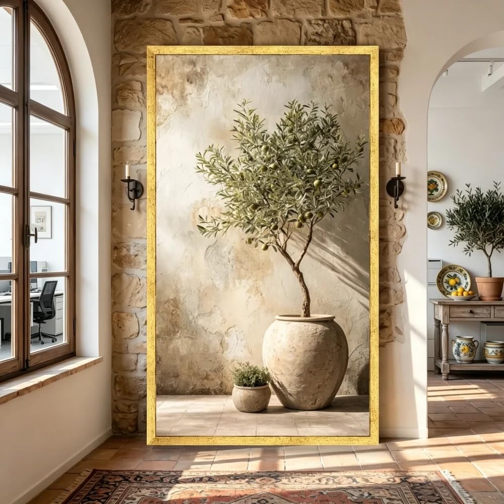 GOSRD Canvas Prints Painting Rustic Olive Tree in Stone Pot Neutral Wall Art Vintage Botanical Poster For Living Room(30x60cm)