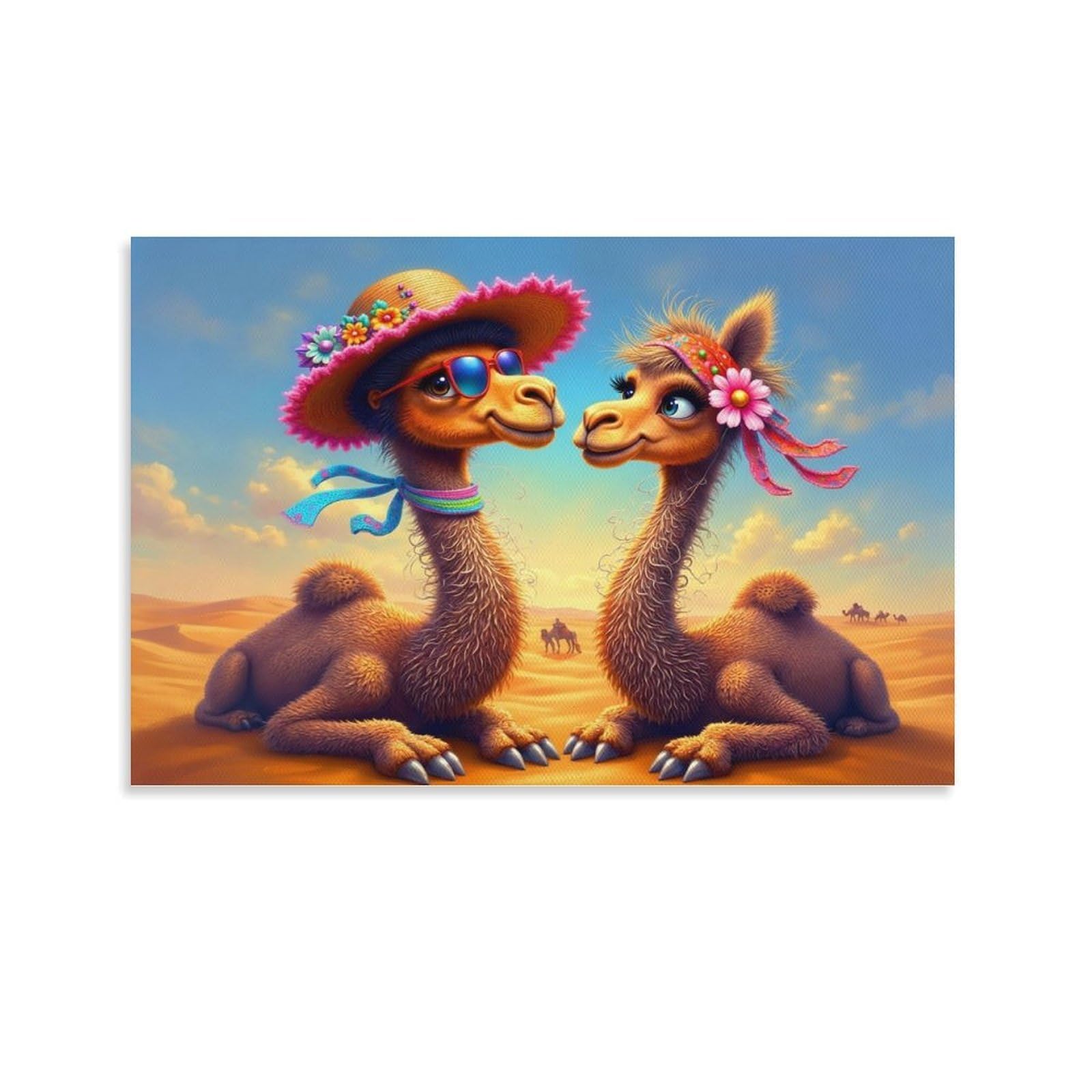 CPLVKWRQJ Cute Camel Couple Individual Two Cartoon Camels Desert Flowers Wall Art Decor - Office Wall Focal Art Multi-Purpose Fade Resistant Decor 20x30inch(50x75cm)