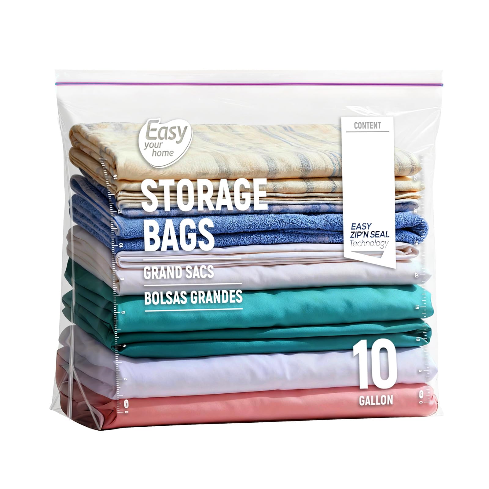 Easyyourhome 24X20.5+7Inch-10Pcs 10 Gallon Jumbo Zipper Lock Storage Bags 24" X 20.5"+7",Reusable Xl Size Plastic Bag With Zip Top And Bottom For Food,Clothing,Travel,Moving,Bpa-Free,3-Mil Thick