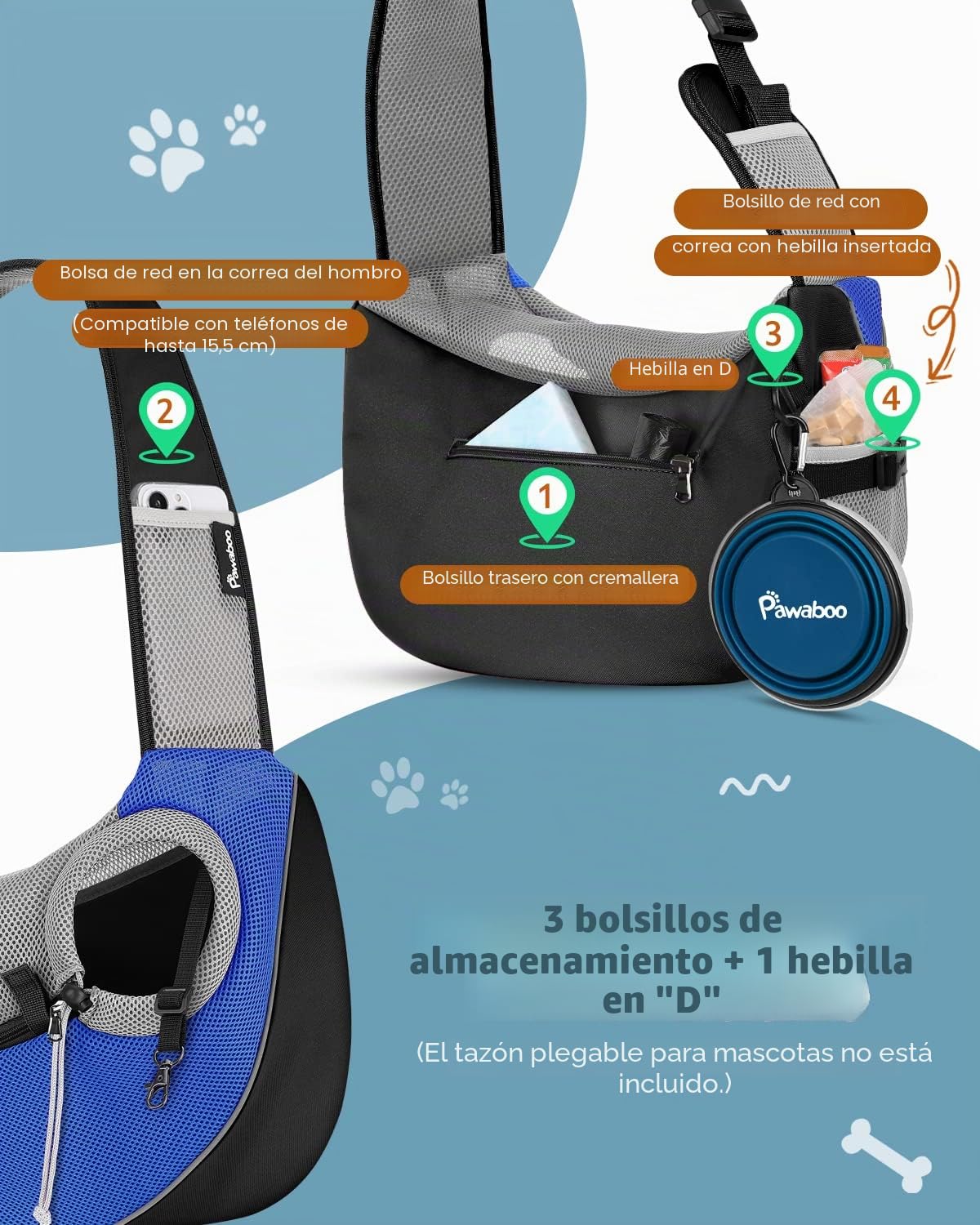 Pawaboo Bolso Bandolera para Perros, Bolsa Portátil para Mascotas con Correa Ajustable y Bolsillos, Bolsa de Mensajero Transpirable Cómoda con para Cachorros Gatitos para Viajar, XL, Azul