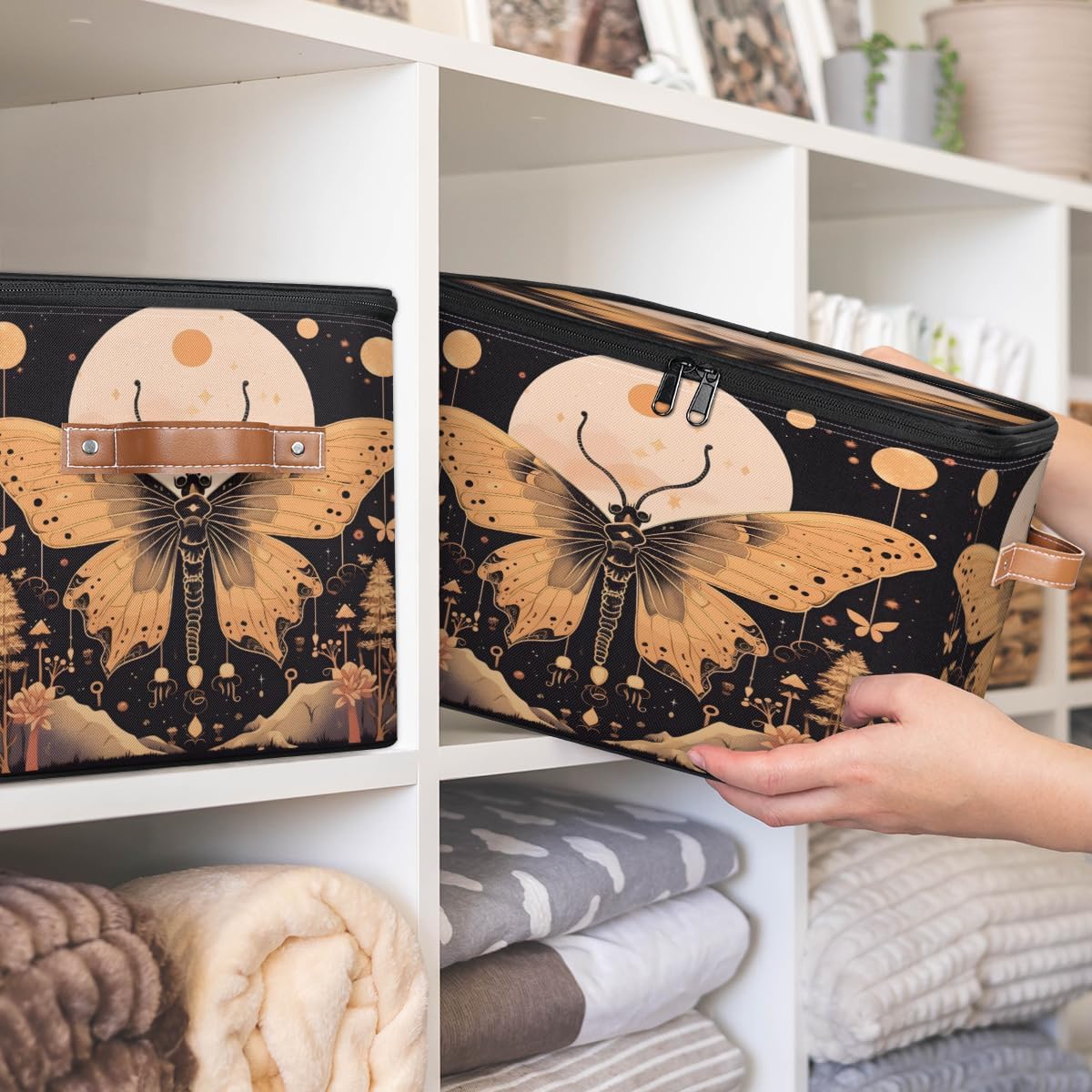 Storage Bin Set of 2 Ethnic Butterfly Moon Storage Basket with Zipper Lid & Handle Foldable Closet Shelf 2 Pack Cloth Organizer Basket Cube Bins Clothes Organizer for Bedroom, Nursery