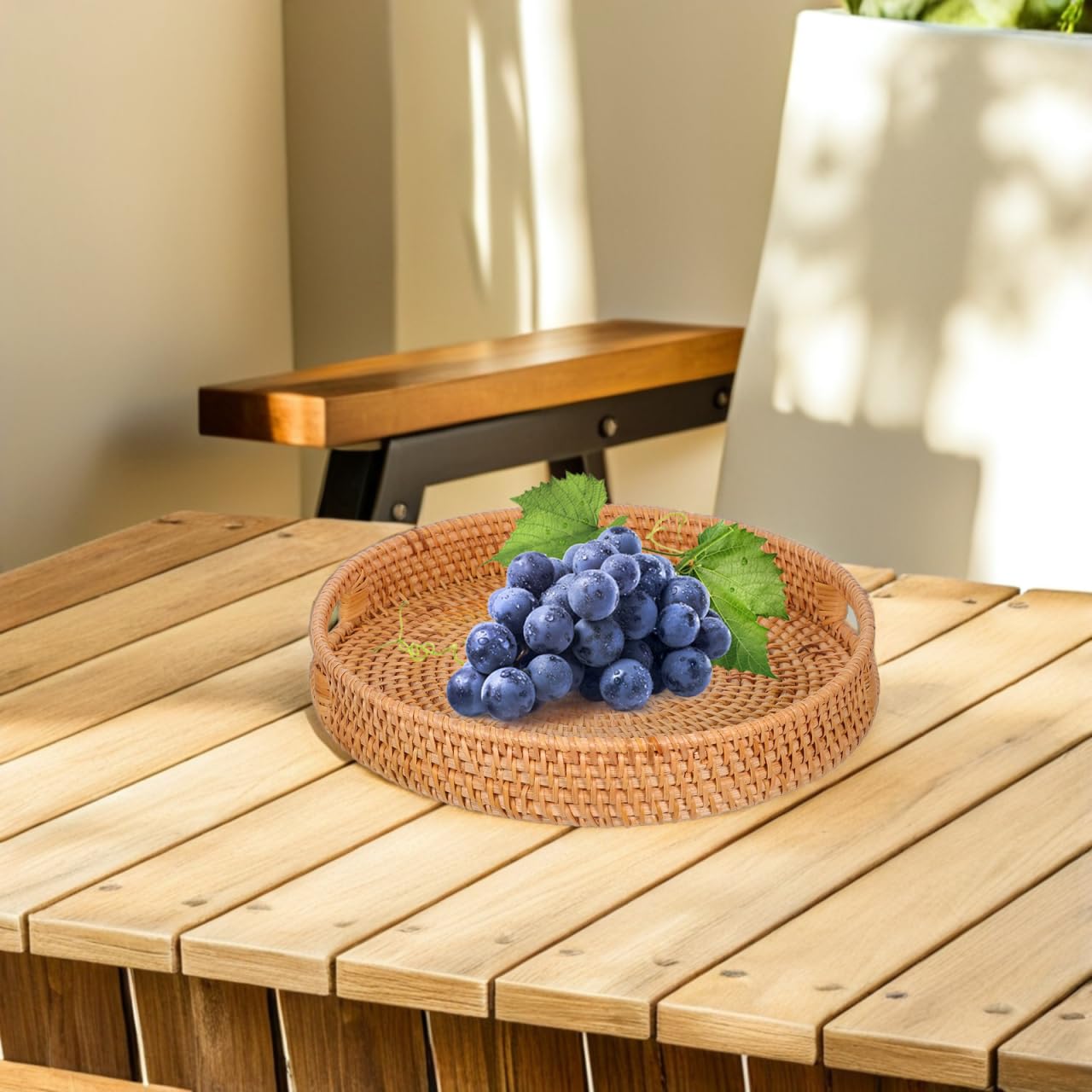 iplusmile Bandeja Redonda Grande De Ratán Natural De 13.77 Pulgadas con Asa Hueca para Servir Frutas Aperitivos Y Bebidas Bandeja Tejida a Mano Ideal para Cocina Y Exteriores