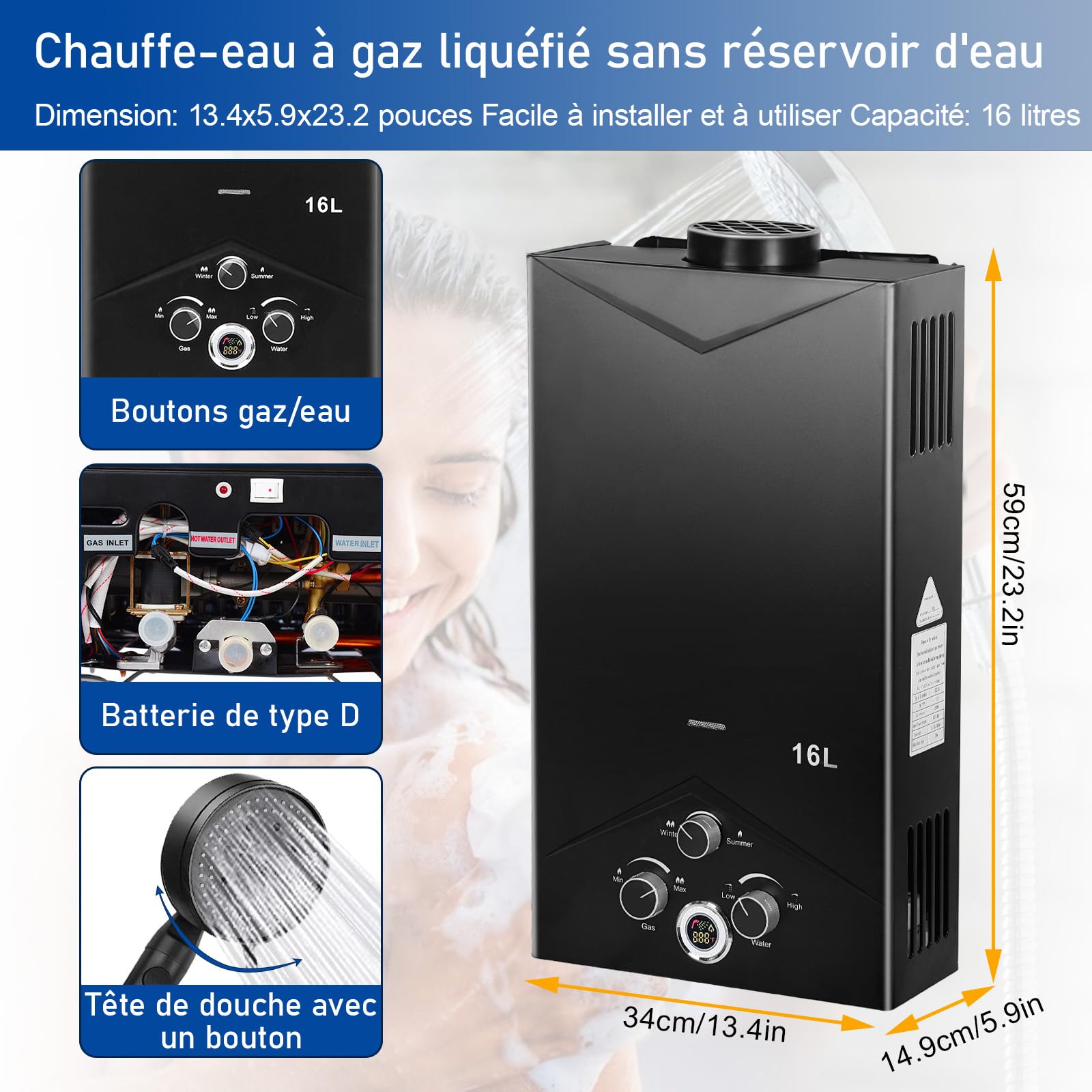 Chauffe-Eau à Gaz 16L Portable avec Affichage Numérique | Chauffe-Eau Instantané au Gaz Propane pour Camping, Douche Extérieure, Caravane et Intérieur | Chauffage d’Eau Sans Électricité