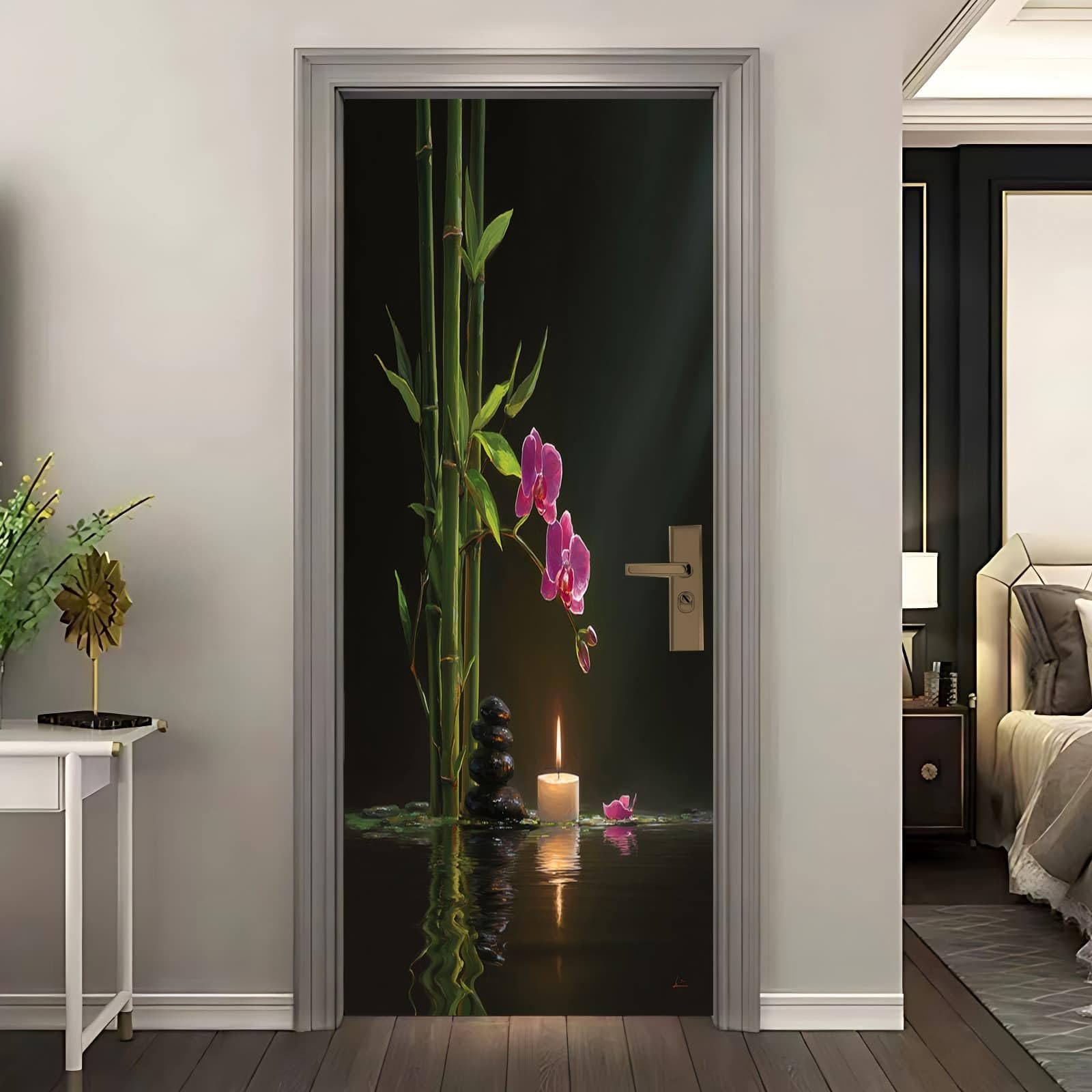 Sticker porte 90x200 cm bambou noir et phalaenopsis déco pour habiller le salon