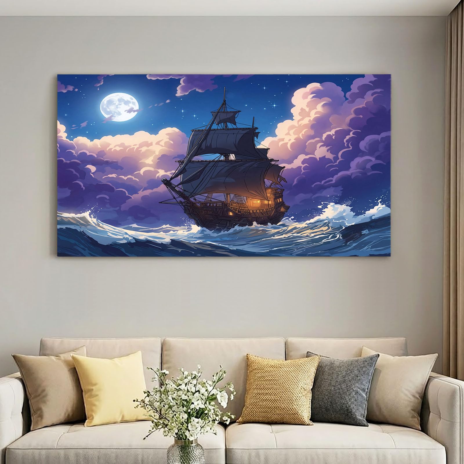 Generisch Lienzo de pared con marco, 100 x 70 cm, diseño de dibujos animados, color morado, para salón, dormitorio y oficina, velero luna, decoración de pared, impresión HD, resistente a la humedad