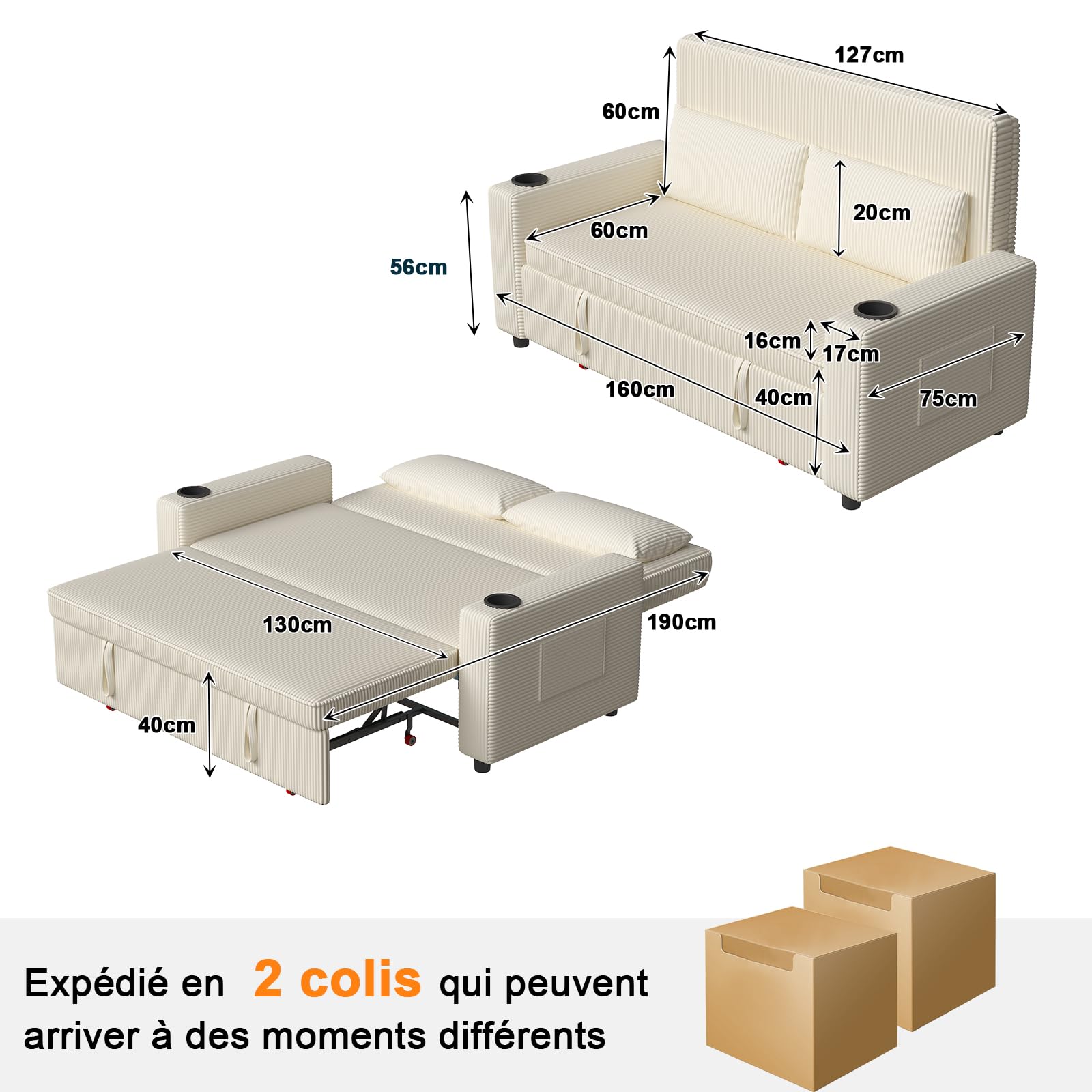 Devoko Petit Canapé Convertible 2 Places Canape avec Dossier réglable Canapé lit en Velours Causeuse de Salon Moderne, canapé déployé 160×190 cm, Beige