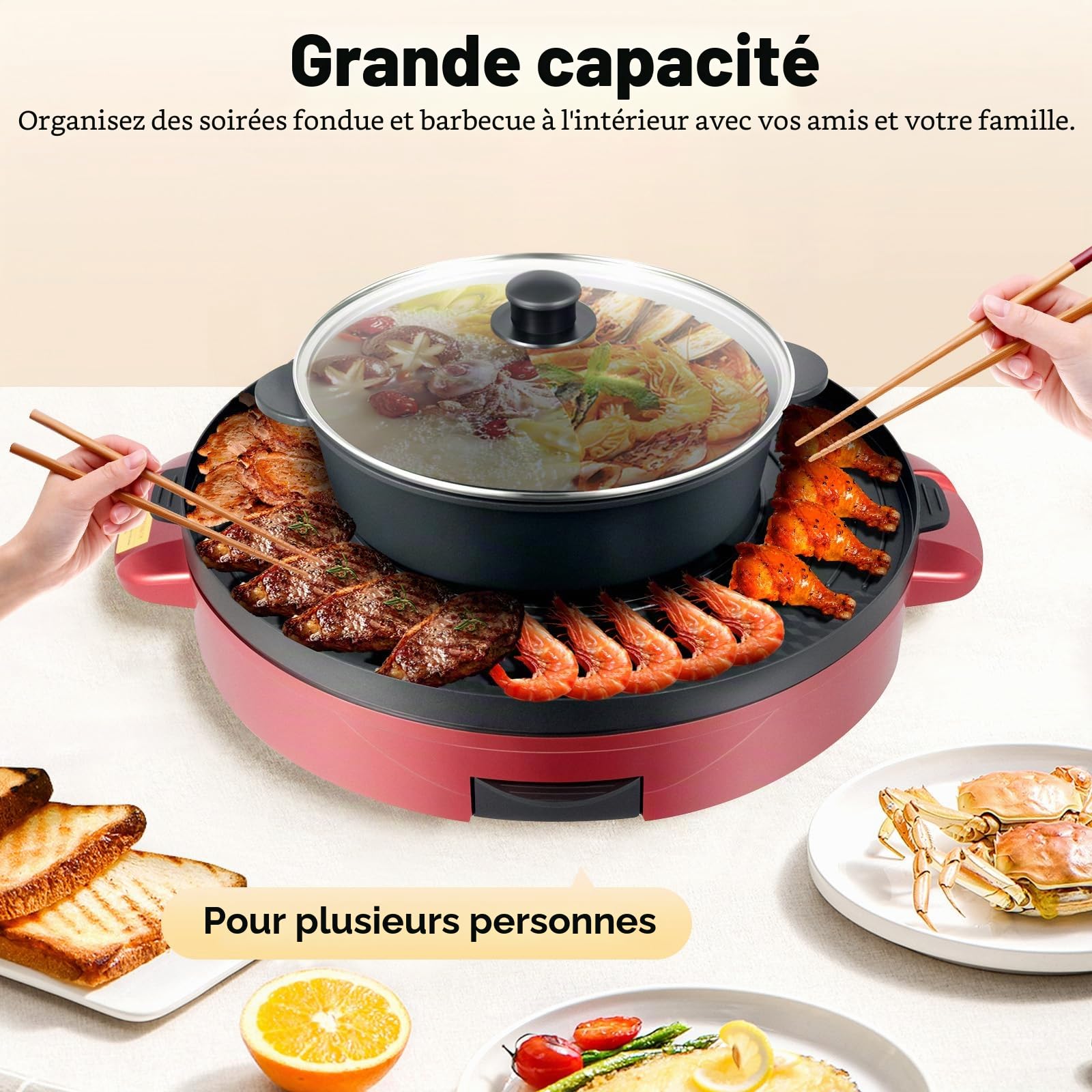Hot Pot Poêle électrique 2200 W avec grille et séparateur multifonction 2 côtés antiadhésif et grille de table 2 en 1 pour 2 à 8 personnes Rouge 52 x 18,5 cm