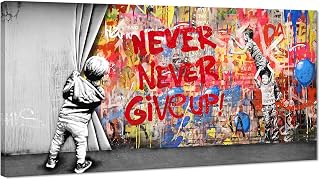 Banksy Graffiti Canvas Wall Art Modern Painting Inspirational Never Give Up Boy Behind The Curtain Prints for Living Room Home Office Decor, Framed 40" x 20"