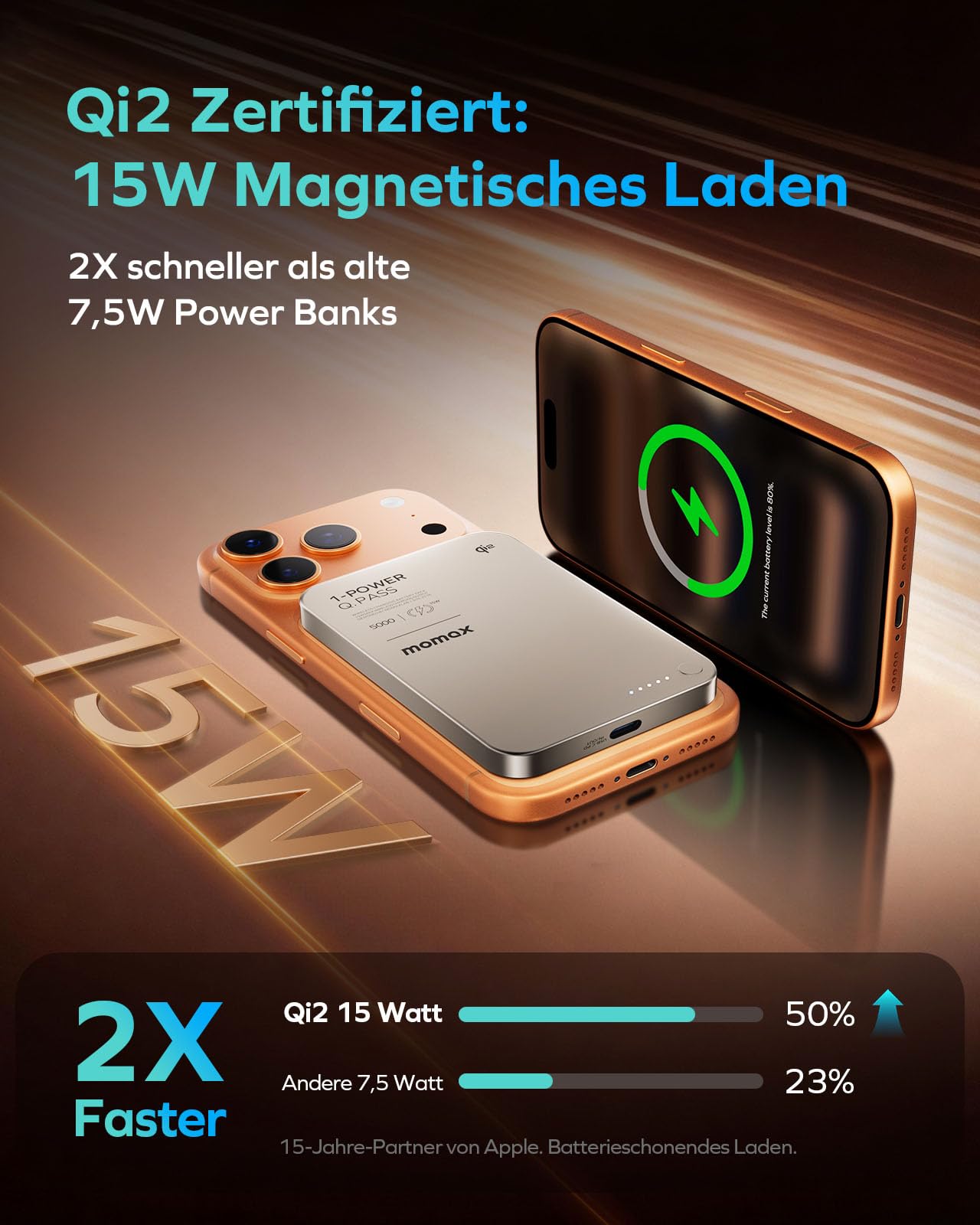MOMAX Qi2 MagSafe Powerbank 5000mAh, ultradünne kabellose Powerbank mit 15W Schnellladung & Niedrigtemperatur-Technik, 118g leicht, USB-C, für iPhone/Android, Titan