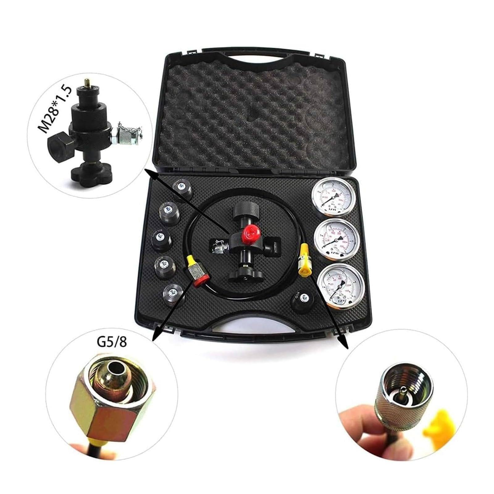 Kit de carga de acumulador de nitrógeno hidráulico, kit de prueba de presión de nitrógeno hidráulico, kit de carga de llenado de nitrógeno con 3 manómetros, 7 acoplamientos y 1 manguera de gas