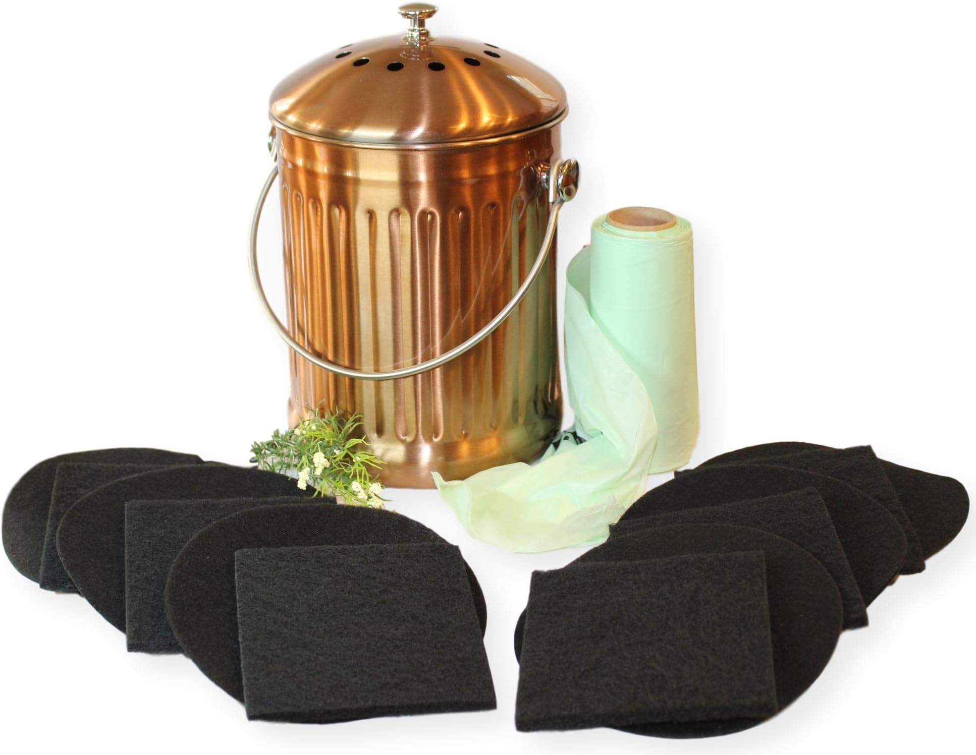 Kitchen Compost Pail Bin for Countertop - Large Decorative Copper 1.3 Gallon Food Scrap Bucket for Indoor - Includes 1 Year Supply Filters and Bags