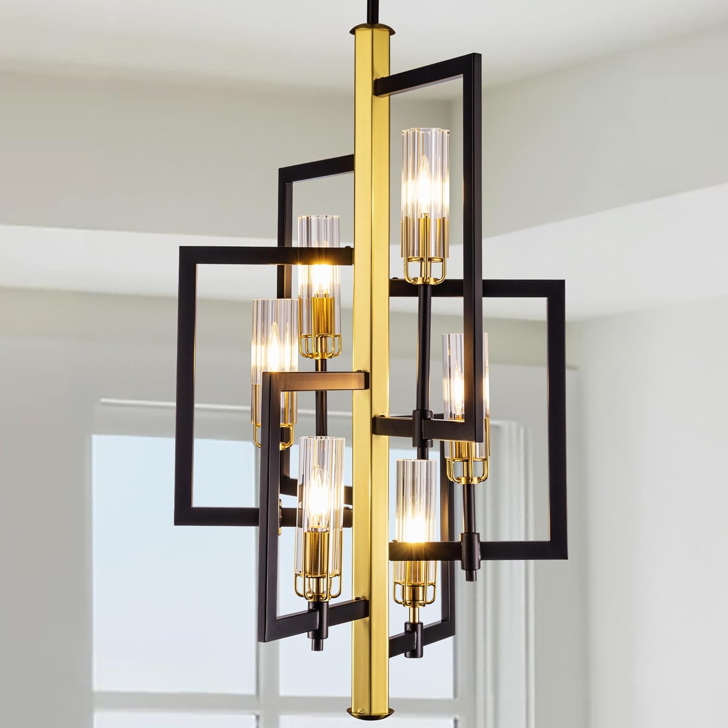 Wellmet Black Gold Chandelier Light，6-Light Brass Geometric Chandeliers for Dining Room, Modern Pendant Lighting Fixture Hanging for Foyer Kitchen Island Entryway, Metal Frame with Glass Shade