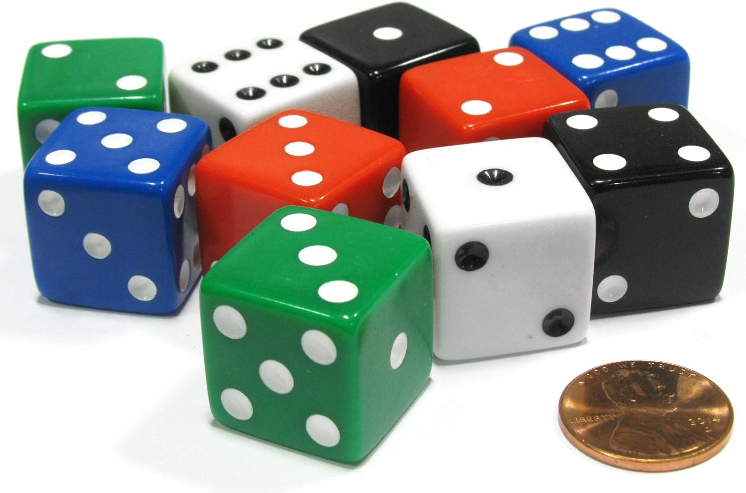 Koplow Games Set of 10 Large Six Sided Square Opaque 19mm D6 Dice - 2 Ea of 5 Assorted Colors