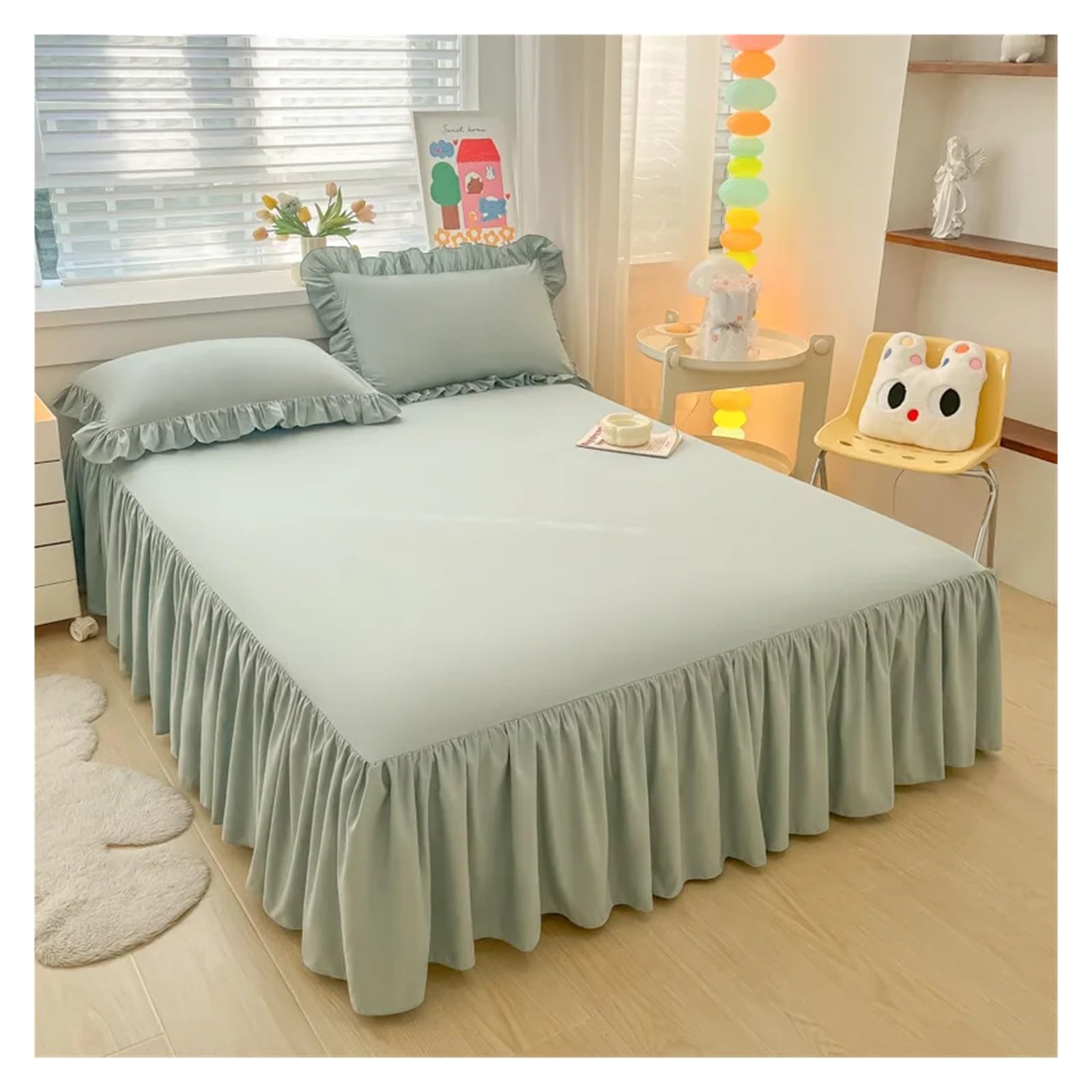 Elegant Princess BedSkirt Non-slip Mattress Cover Ruffled Lace Bedsheet Bed Cover Protector Home Bedspread Bed Skirt(Green,1 pc skirt 180x200cm)