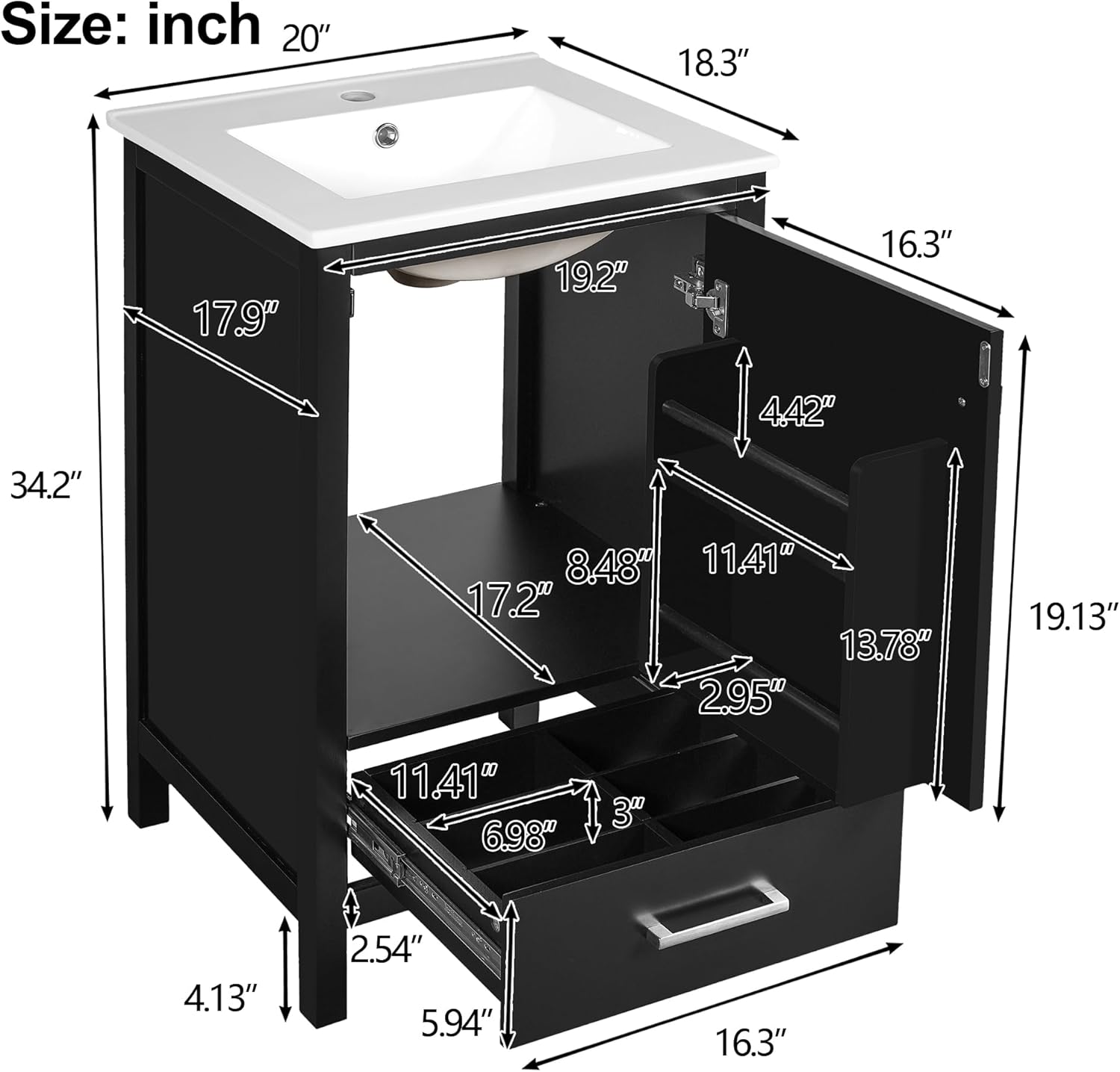 Mirightone 20" Vanity with Sink, Bathroom Vanities 20 Inch with Sink, Single Sink Bathroom Vanity, Small Bathroom Vanity with Top, Double-Layer Door Organizer, Divider Drawer (Black)
