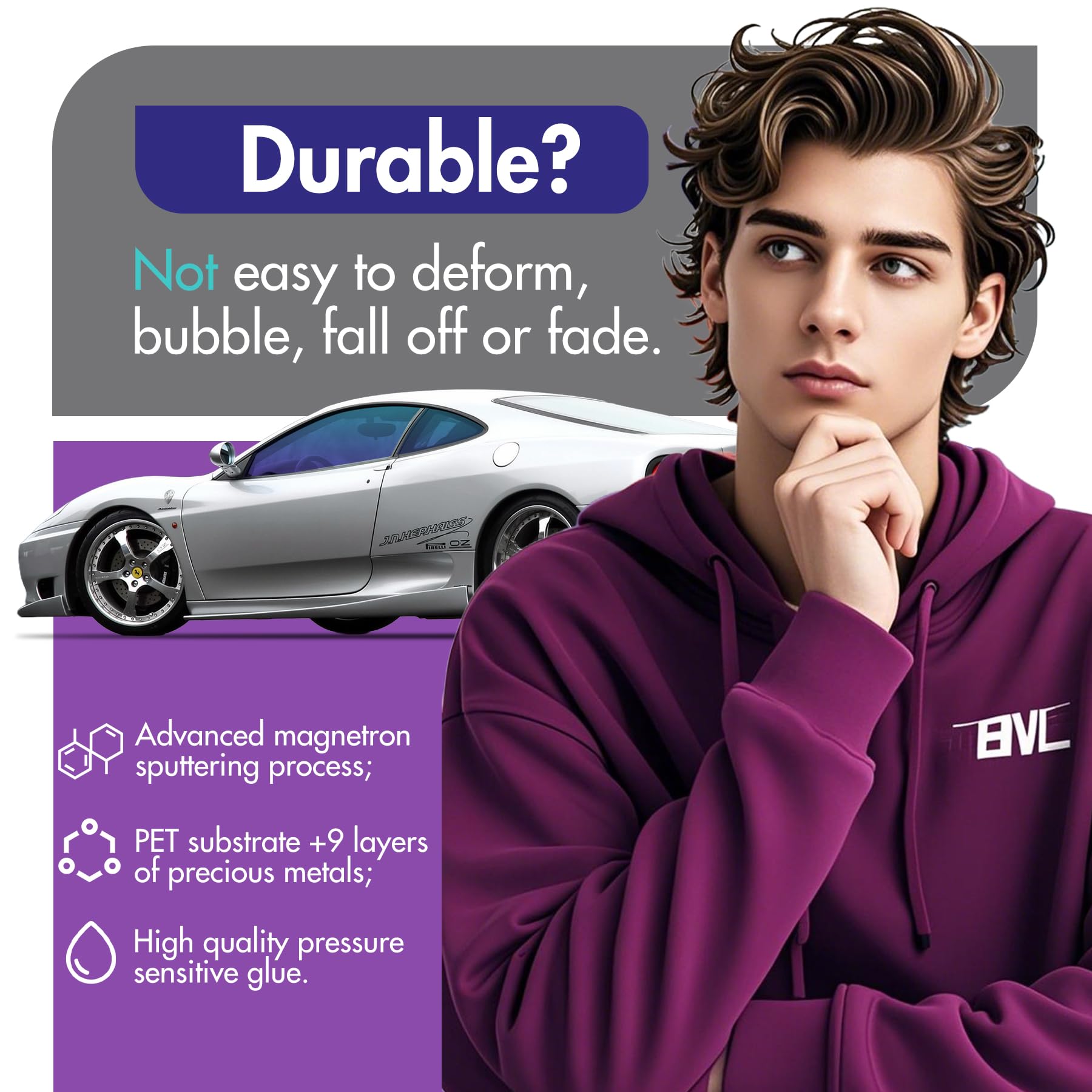 Pellicola colorata per finestrini dell'auto, protezione solare UV e IR al 99%, PET HD, antiriflesso, unidirezionale, resistente, antigraffio, facile da installare (bluastro-viola, 60% VLT, 50,8 x 3 m)