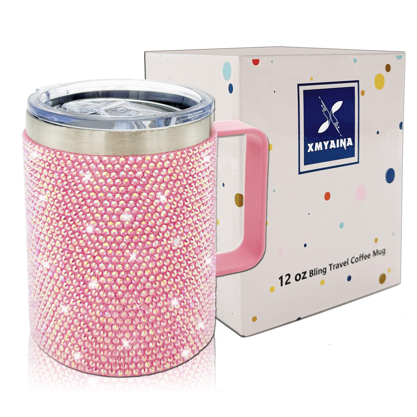 Taza de café de viaje de 12 onzas con asa y tapa, taza de café aislada con diamantes de imitación, de acero inoxidable, reutilizable, con purpurina, taza térmica para el hogar y la oficina