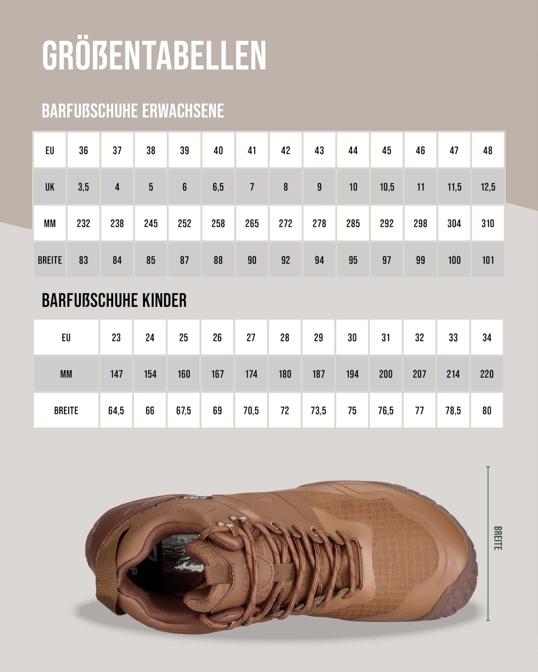 BALLOP Kuluba W Barfußschuhe Damen & Herren Braun – wasserdichte Wanderschuhe für Outdoor-Abenteuer bei jedem Wetter, Natürliches Laufgefühl