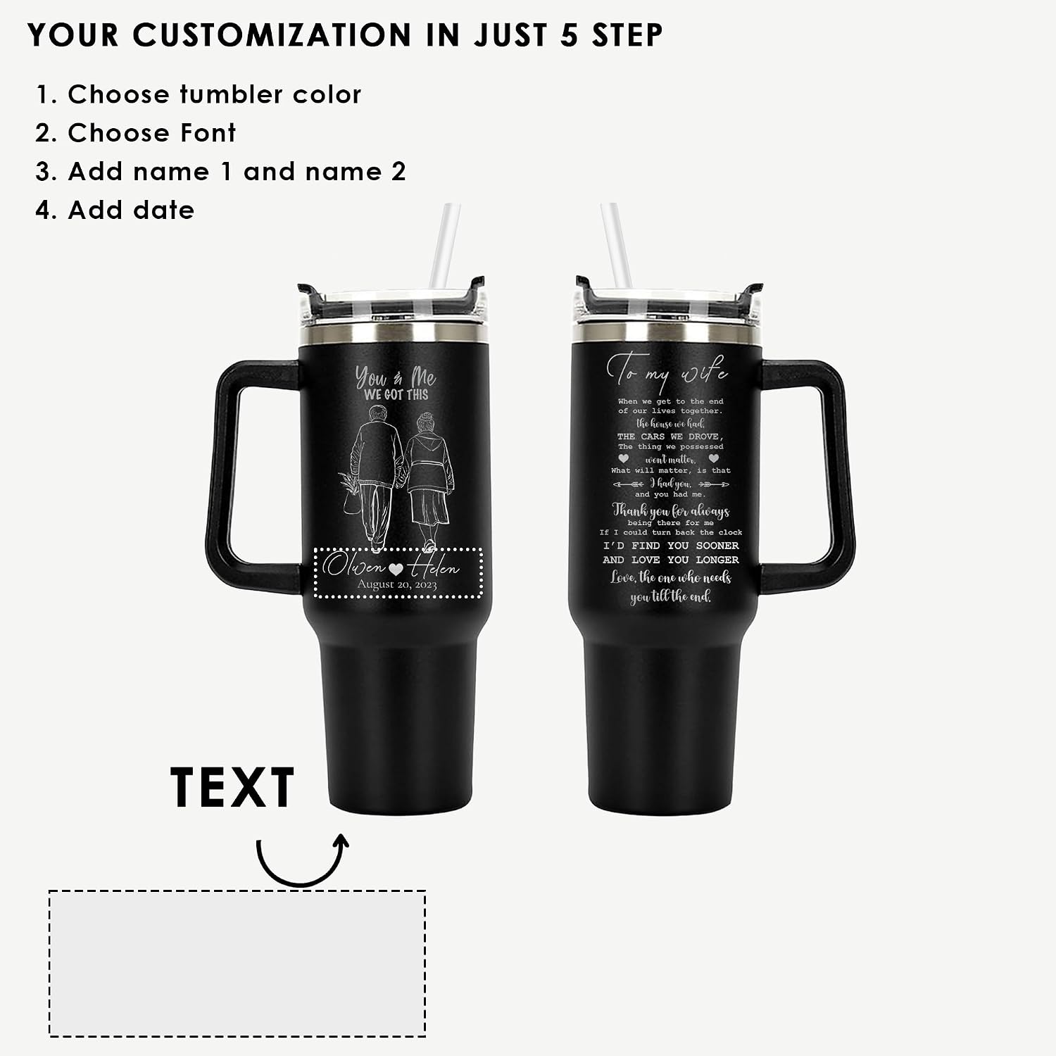 To My Wife Personalized Tumbler 40 oz Laser Engraved, Insulated Cup with Handle, Lid and Straw, Custom tumbler Wife Gifts from Husband, Birthday Gifts for women, lover, wedding, Romantic Gift for Her