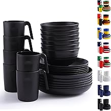 Berglander Plastic Tableware Black 24 Pieces for 6 People, Reusable Plates and Bowls with Dinner Plates, Dessert Plates, Cereal Bowls, Cups for Home, Garden, Picnic