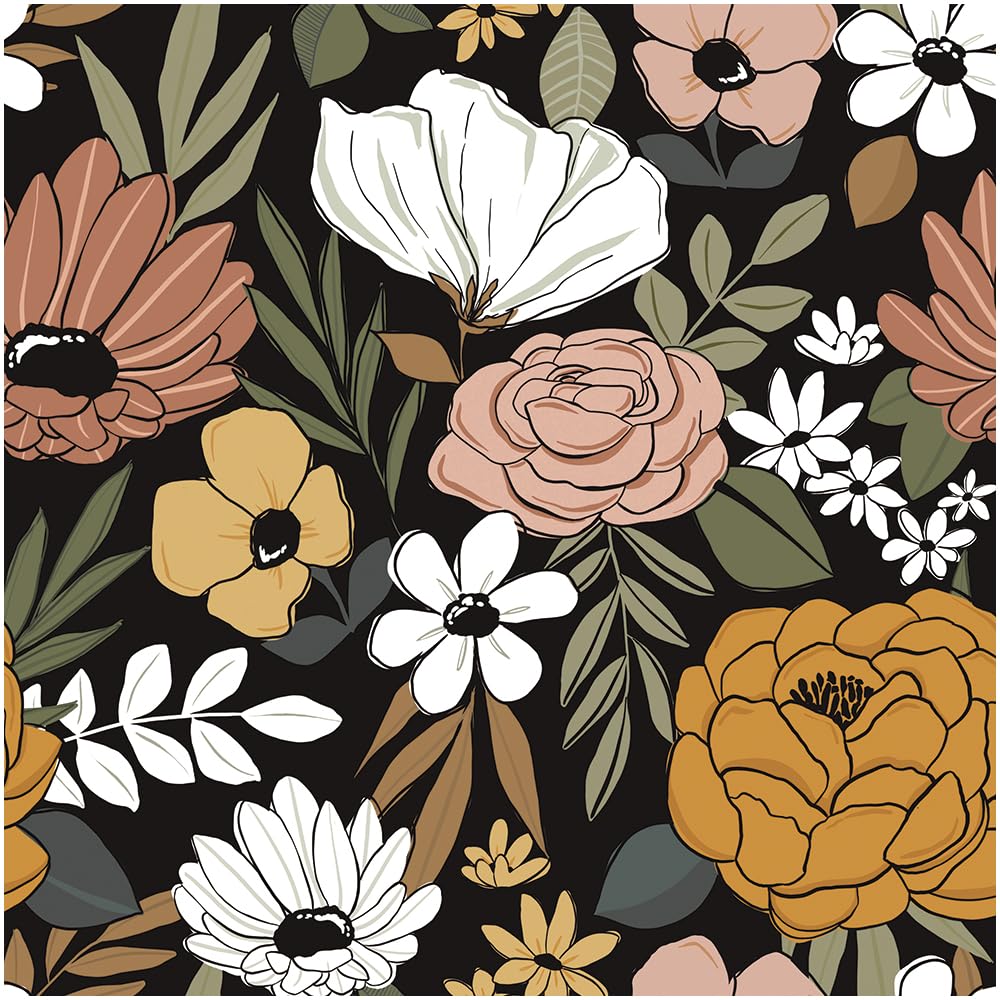 Papel pintado floral negro y oliva HaokHome para decorar salones modernos y elegantes