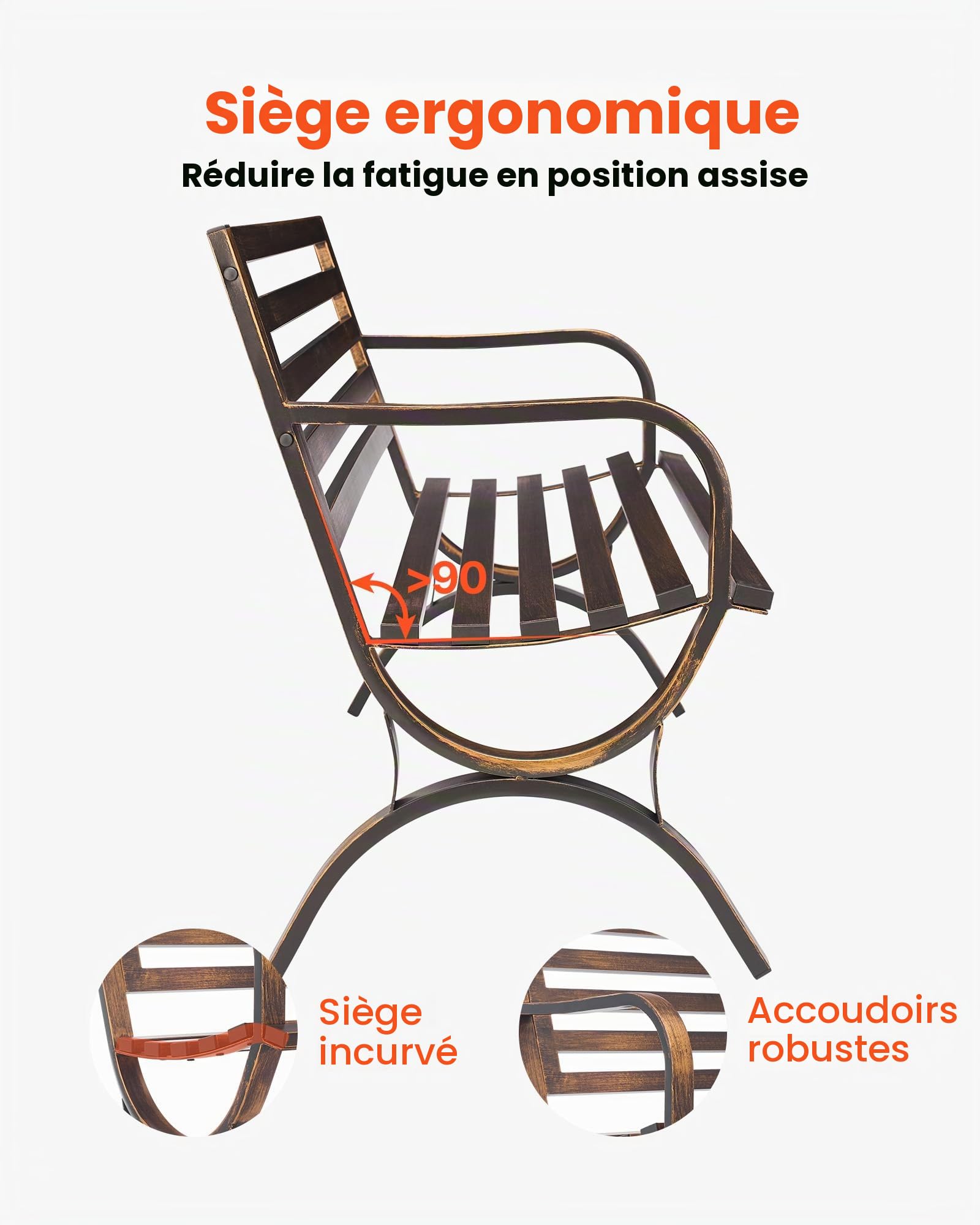 VEVOR Banc de Jardin, 127 cm, Banquette d'extérieur en Acier Carbone avec Dossier à Lattes et accoudoirs à Bords arrondis, Banc extérieur résistant aux intempéries pour terrasse, Parc, Bronze Antique