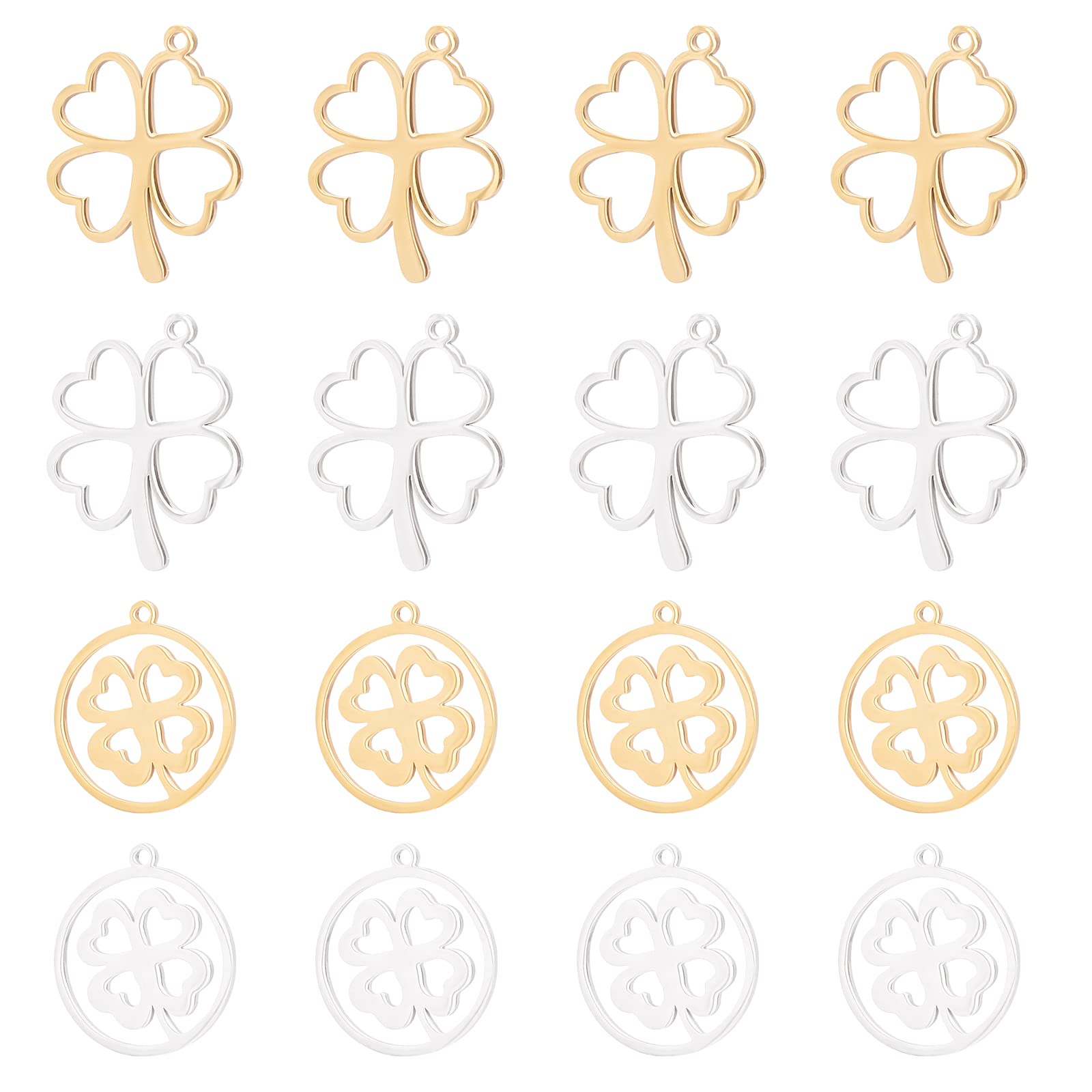 DICOSMETIC 16Pcs 2 Style Stainless Steel Hollow Four Leaf Clover Pendant St Patrick's Day Pendant Good Luck Charm Irish Shamrock Shape Pendant Fortune Charm for Jewelry Making Craft