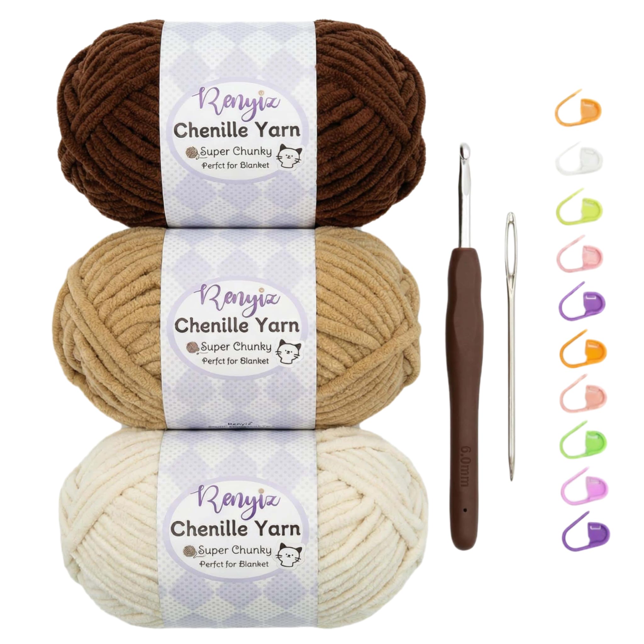 Gruba włóczka szenilowa Chunky do szydełkowania - 300g włóczka do szydełkowania w 3 kolorach z zestawem szydełek 6mm, Puszysta wełna dla niemowląt do robienia na drutach do Amigurumi, Koca dla