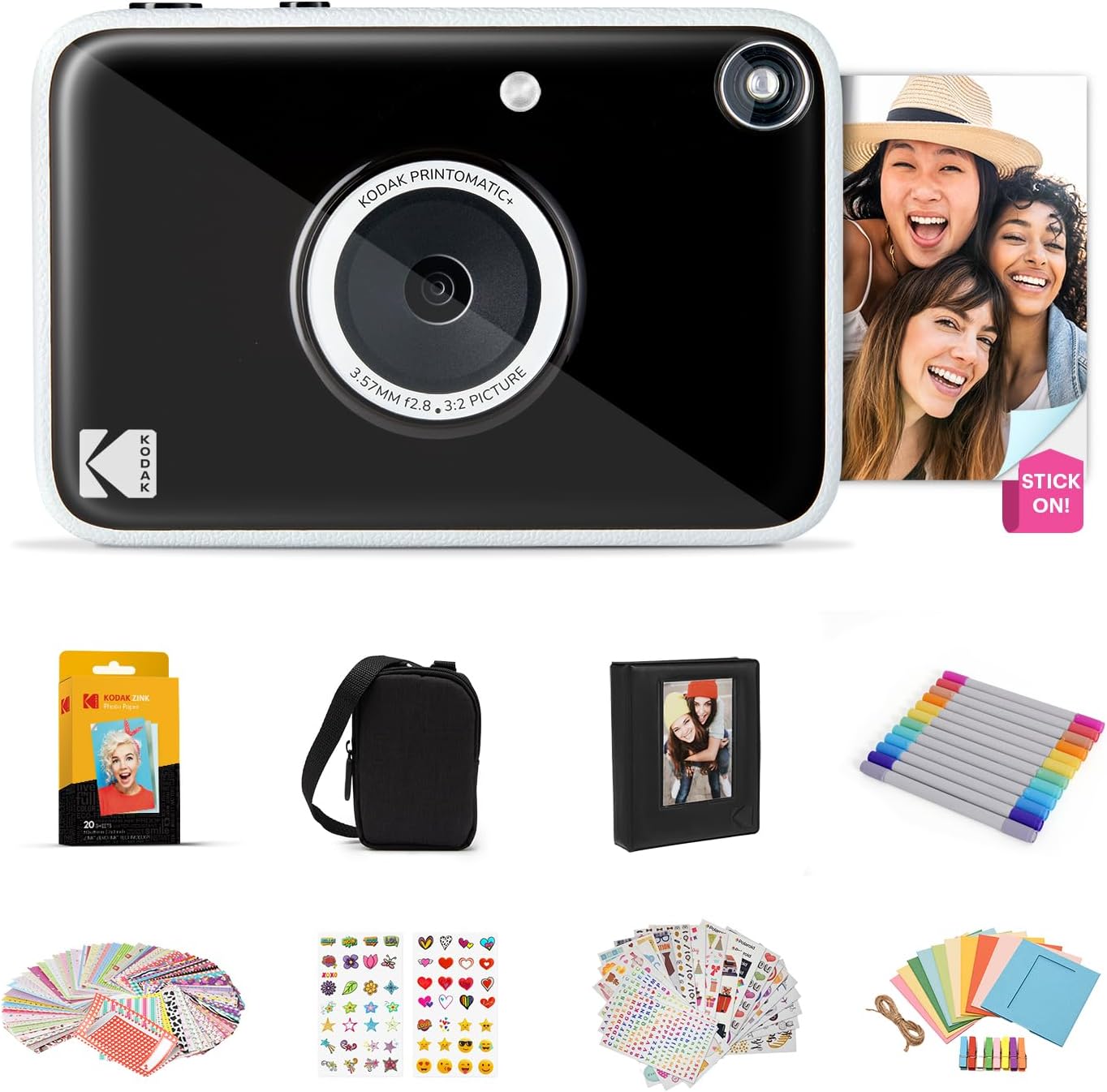 Kodak Printomatic+ Full Color Instant Print Digital Camera Gift Bundle + Case + Zink 2x3 Sticky Back Photo Paper 20pk + Album + Sticker Sets + Sticker Frames + Hanging Frames + Markers Black