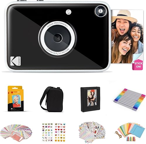 Kodak Printomatic+ Paquete de Regalo de Cámara Digital de Impresión Instantánea a Todo Color + Estuche + Papel Fotográfico Zink 2x3 con Respaldo