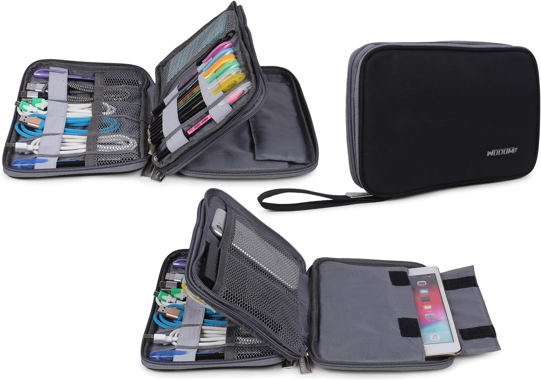 Wooum Polyester Cable And Electronic Accessories Storage Bag, Carrying And Traveling Case For Wires Charger Usb Digital Gadget Power Bank Earphone Cable, Pen Storage Bags -Black