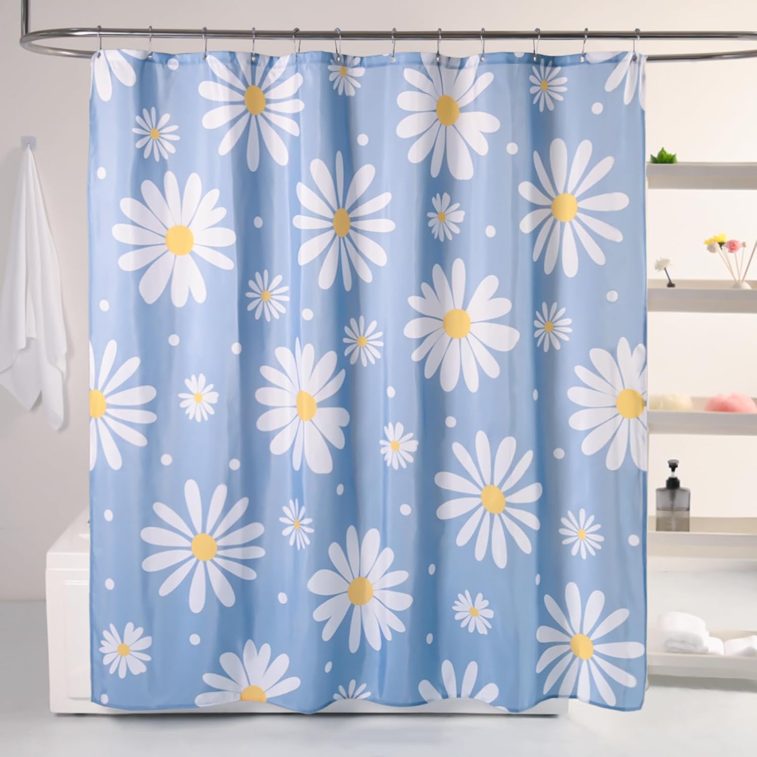 QJHOMO Beige Floral Shower Curtain Set Cute Daisy Cream Bathroom Curtain, Washable Waterproof Fabric Extra Long Shower Curtain with 12 Hooks, Modern Farmhouse Decor Flower Shower Curtains 72x84 inch